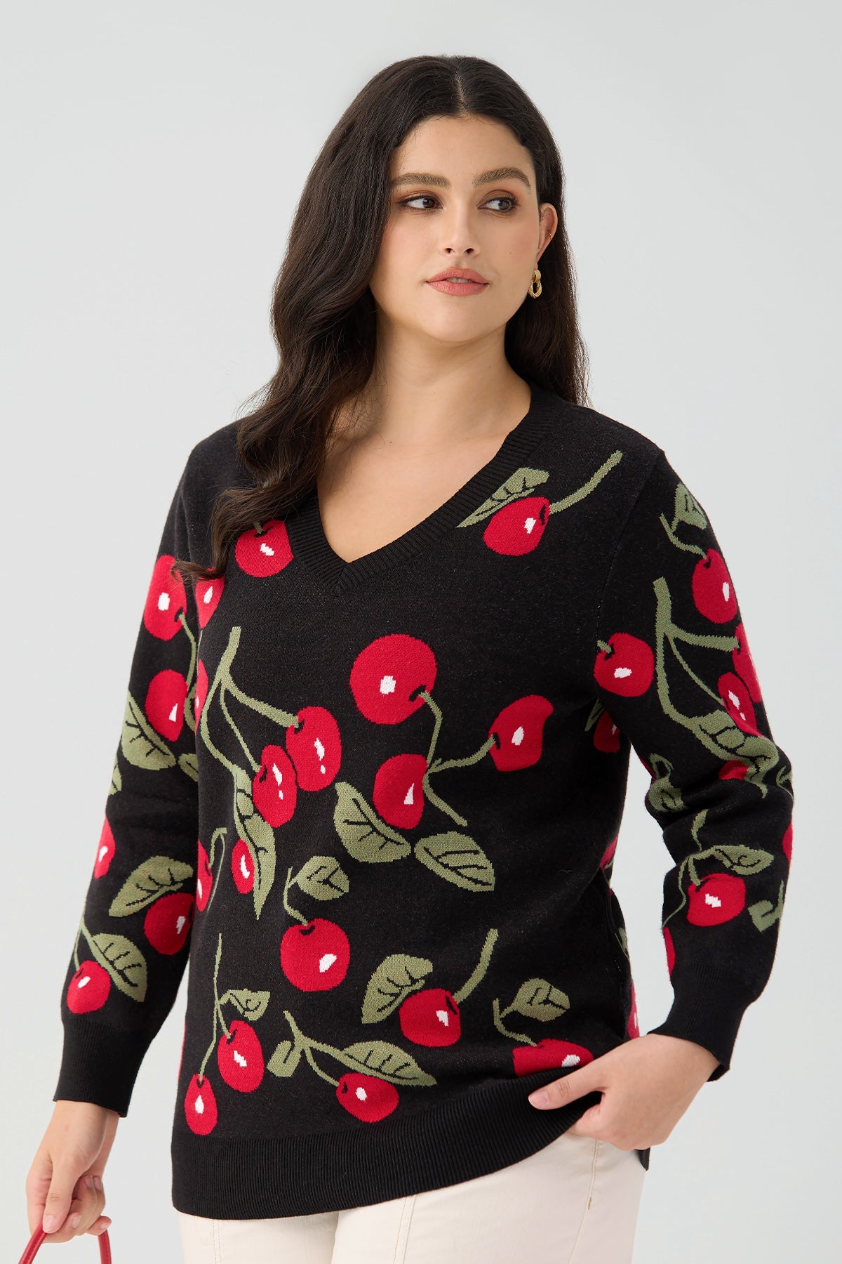 Ritera Retro Cherry V-Neck Knitwear Pullover Sweater