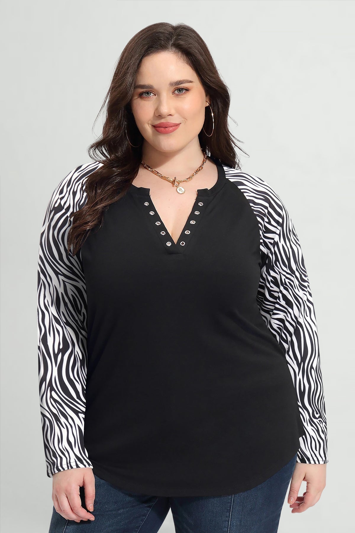 Raglan Striped Notched V Neck Long Sleeve Shirt