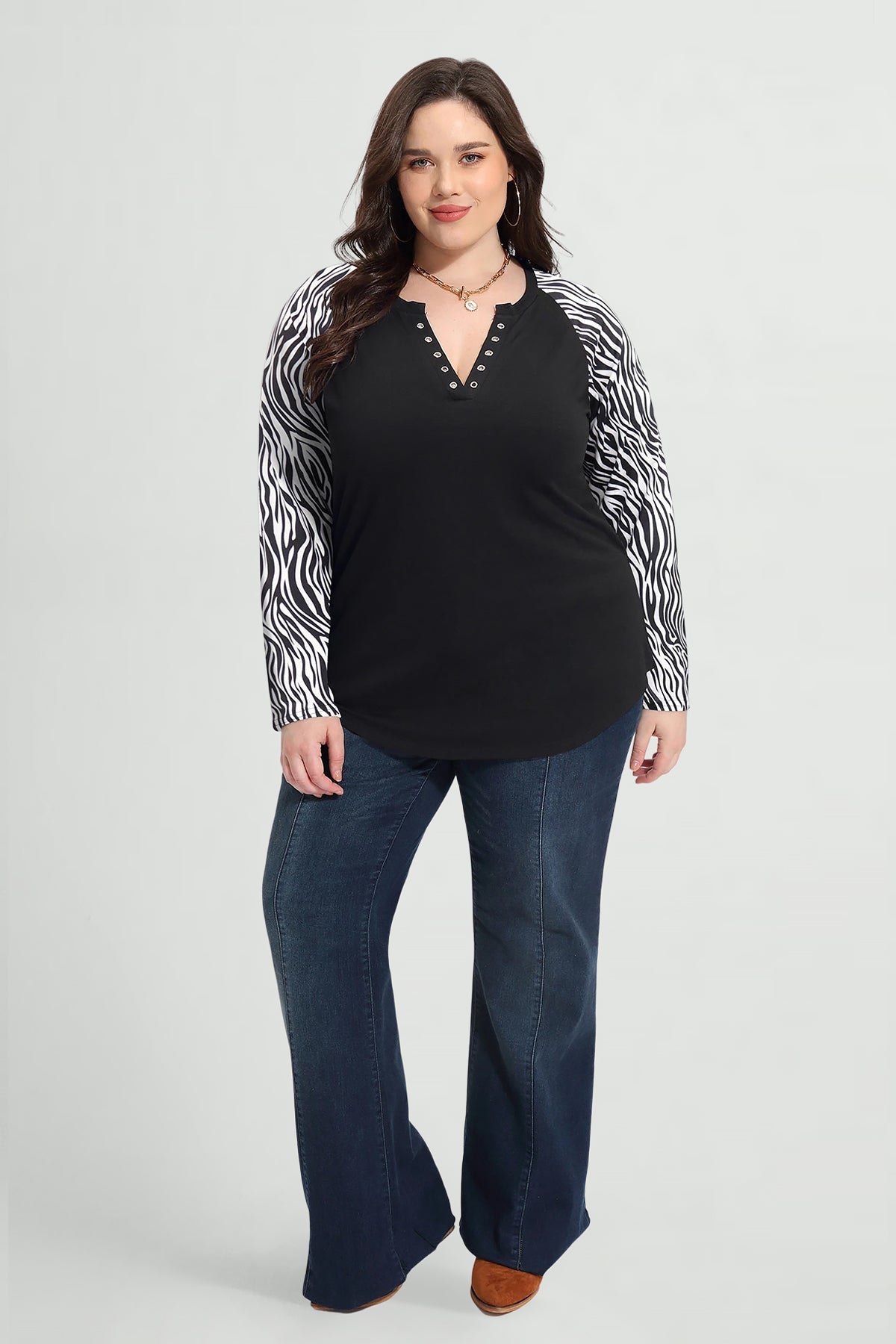 Raglan Striped Notched V Neck Long Sleeve Shirt