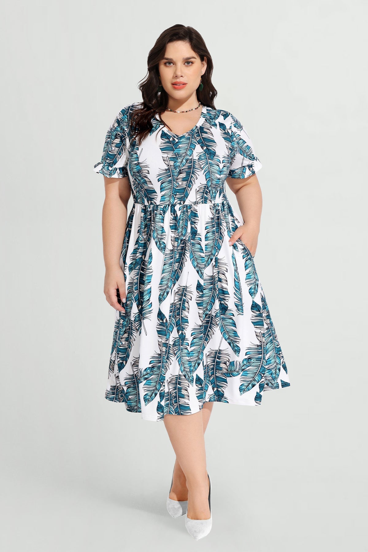 Ritera Pocket Floral Print Ruffle Sleeve Midi Dress