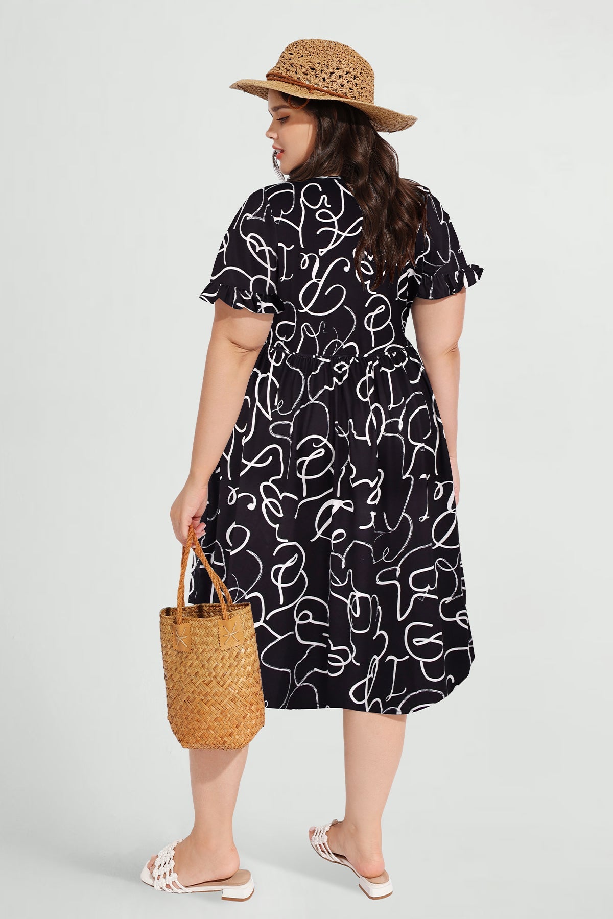 Ritera Pocket Floral Print Ruffle Sleeve Midi Dress