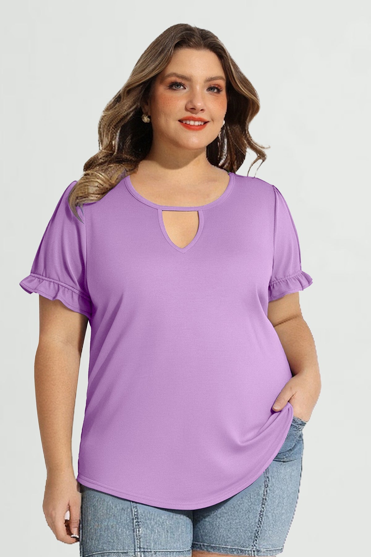 Essential Solid Keyhole Crewneck Puff Sleeves T-Shirt