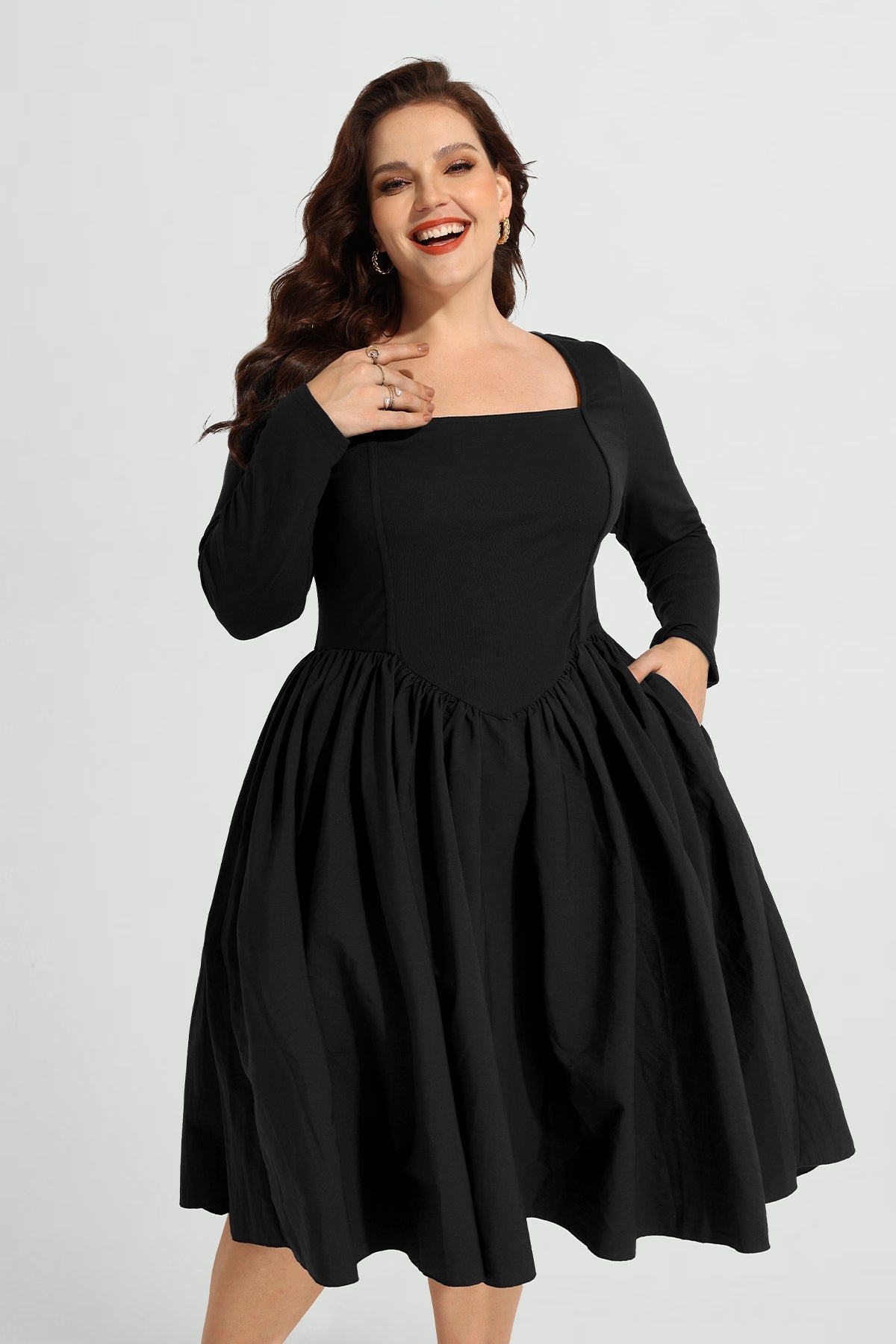 Ritera Pockets Square Neck Pleated Mini Dress