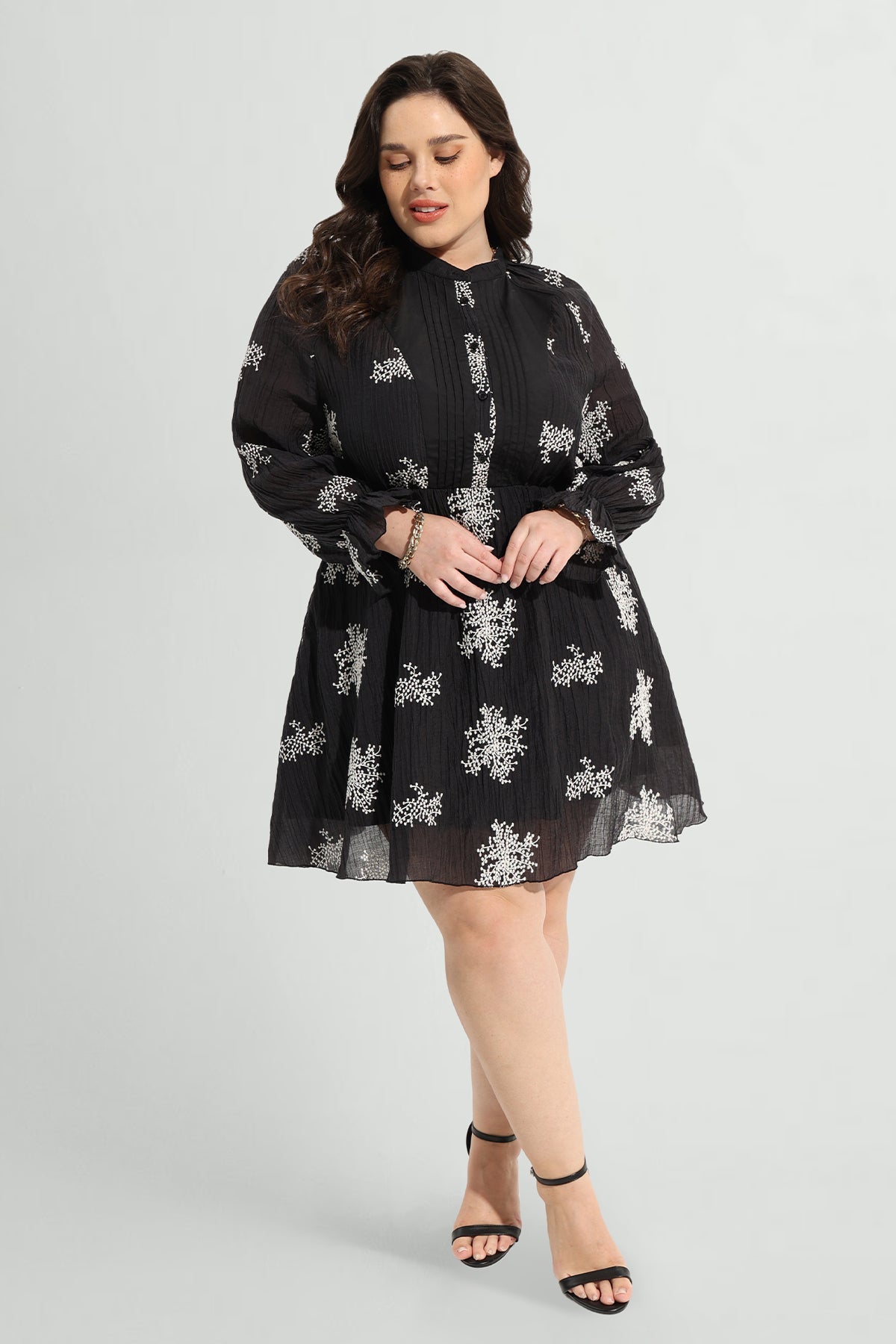 Snowflake Print Split Neck Button Down Mini Dress
