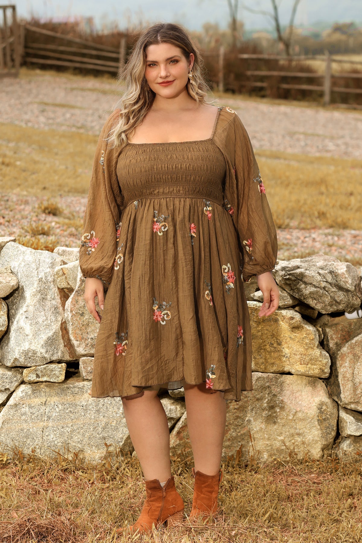 Ritera Embroidered Floral Shirred Square Neck A-line Midi Dress