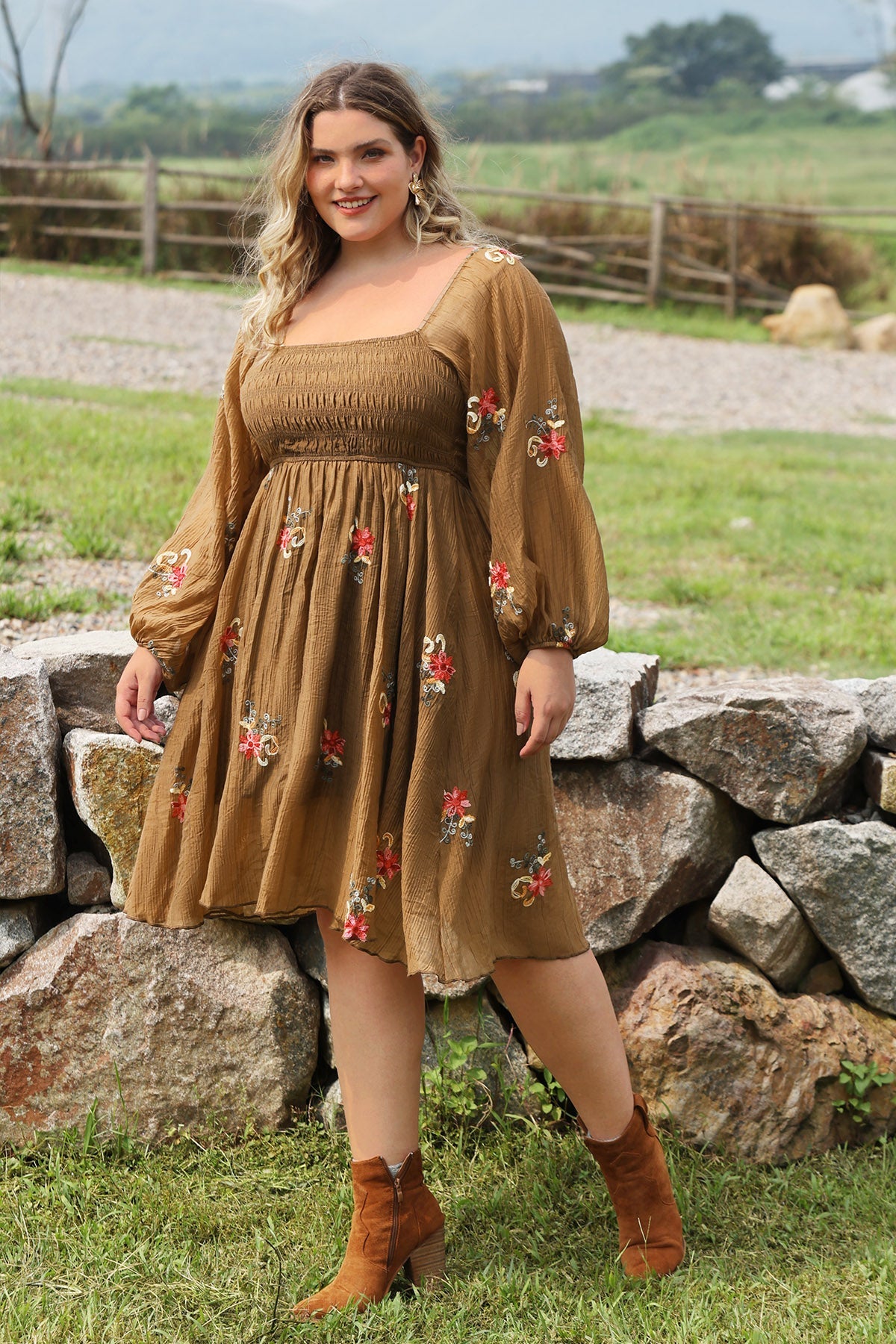 Ritera Embroidered Floral Shirred Square Neck A-line Midi Dress