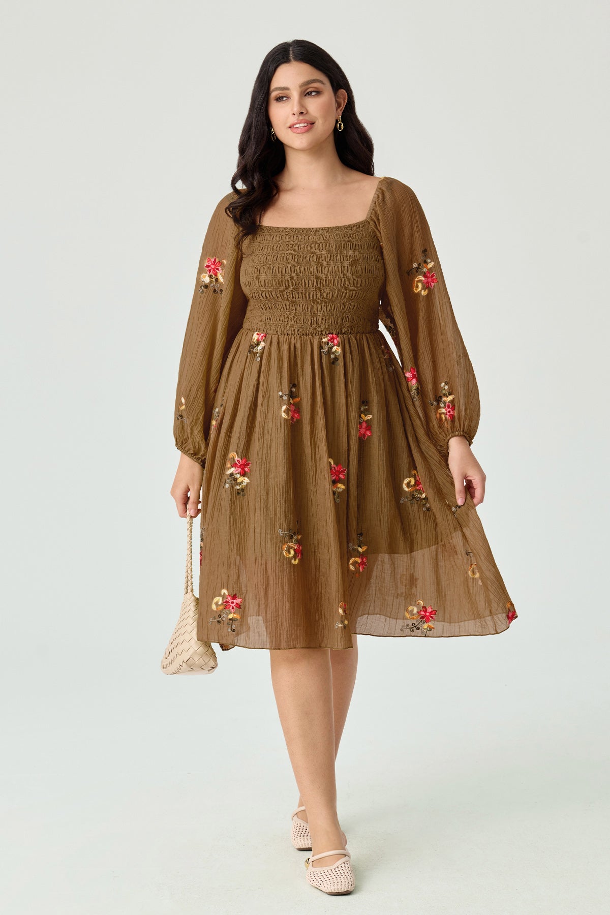 Ritera Embroidered Floral Shirred Square Neck A-line Midi Dress