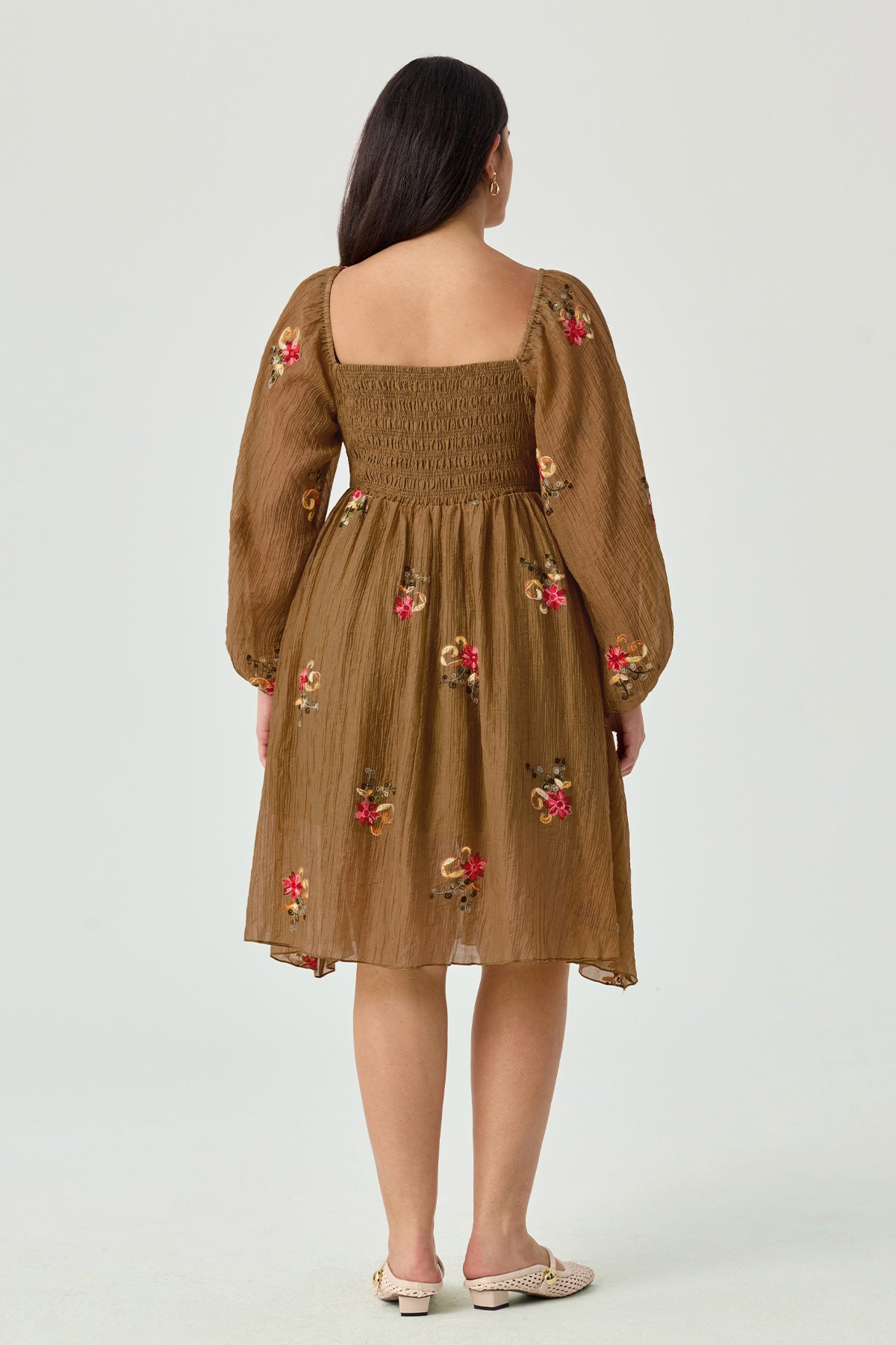 Ritera Embroidered Floral Shirred Square Neck A-line Midi Dress