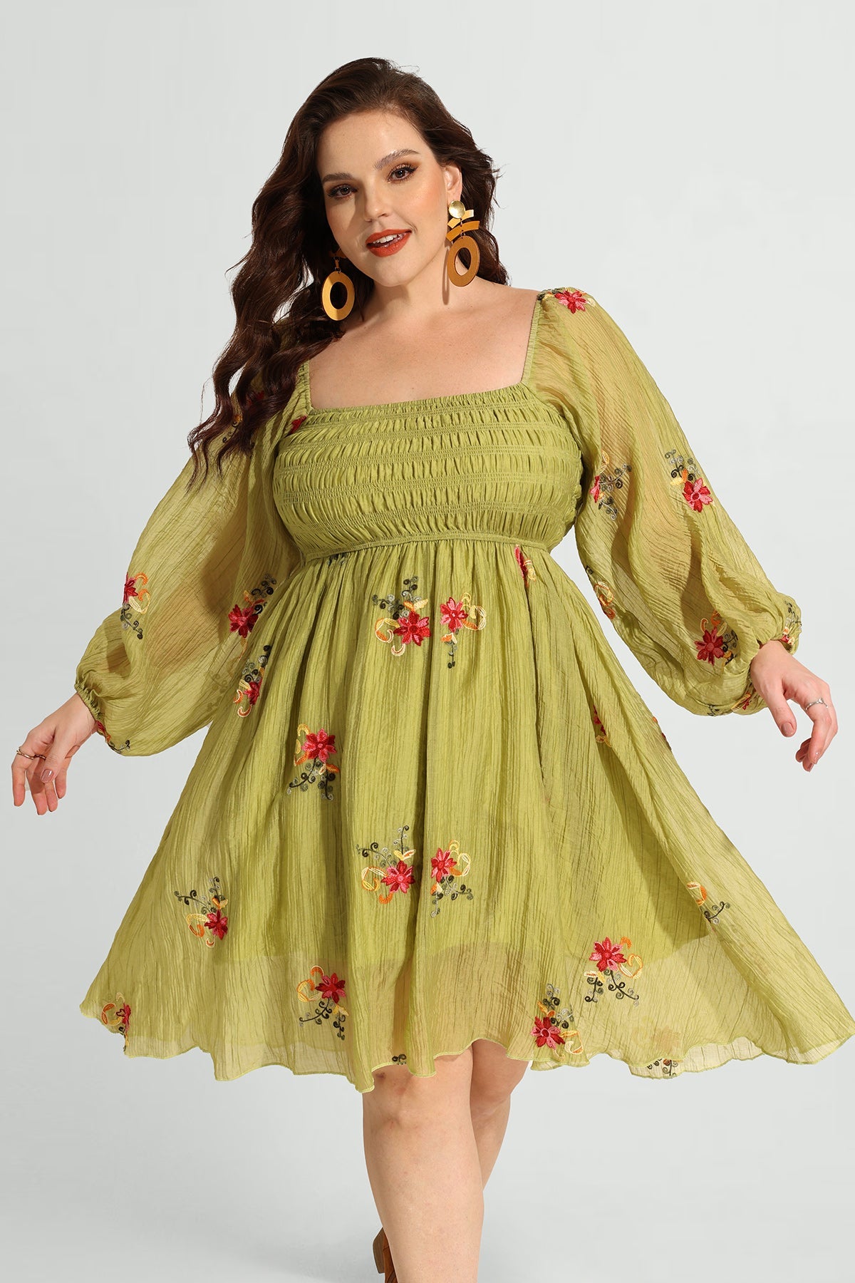 Ritera Embroidered Floral Shirred Square Neck A-line Midi Dress