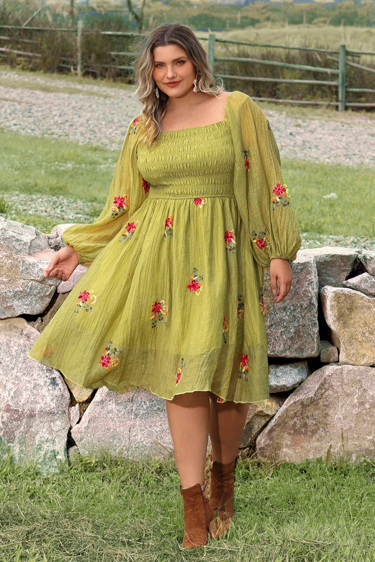 Ritera Embroidered Floral Shirred Square Neck A-line Midi Dress