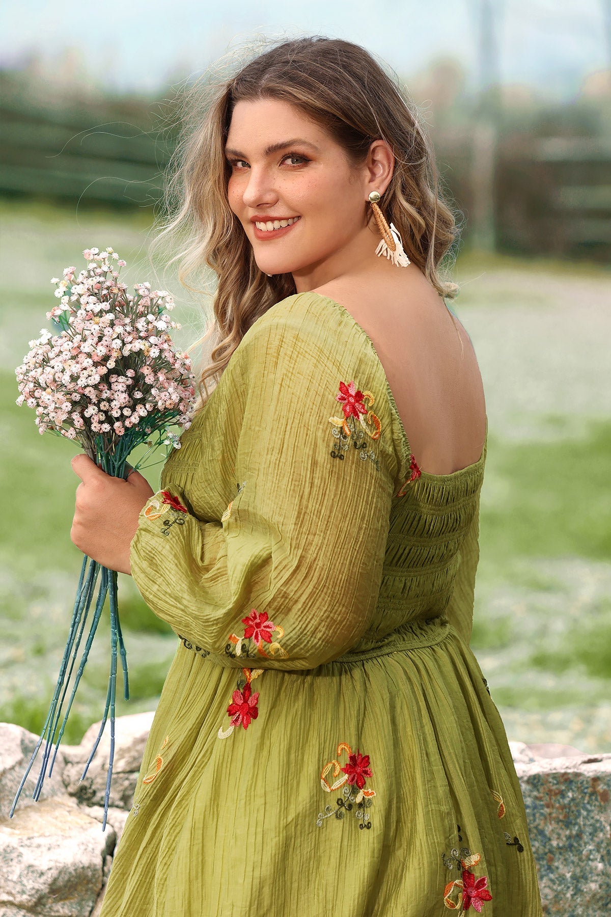 Ritera Embroidered Floral Shirred Square Neck A-line Midi Dress