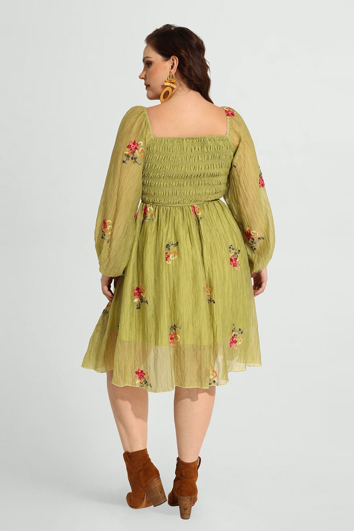 Ritera Embroidered Floral Shirred Square Neck A-line Midi Dress