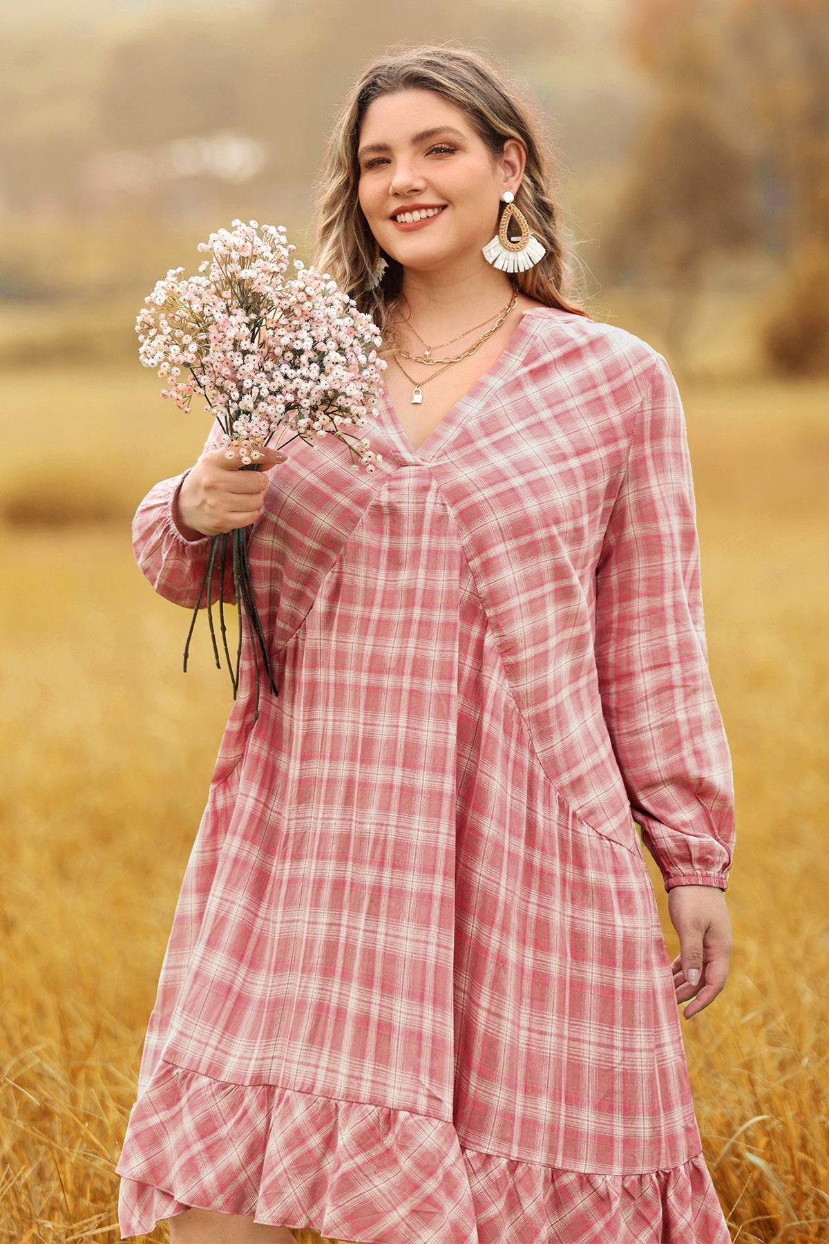 Ritera Pocket Plaid V Neck Pleated Midi Dress