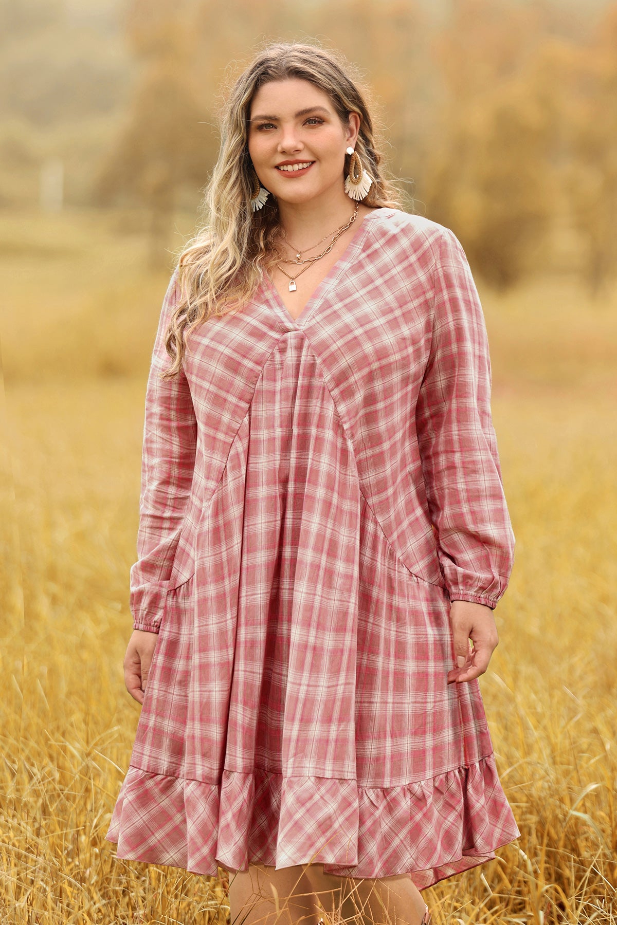 Ritera Pocket Plaid V Neck Pleated Midi Dress