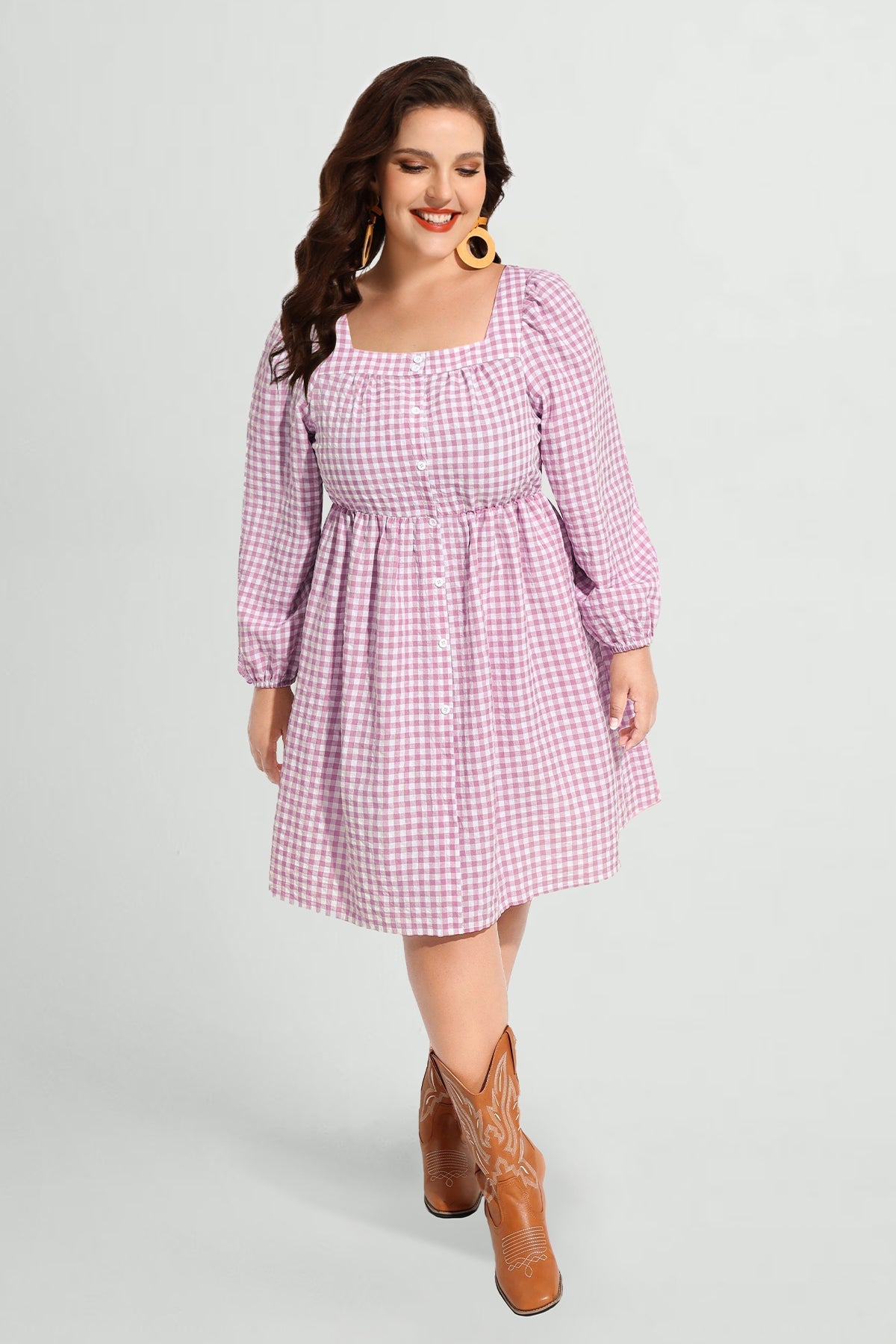 Plaid Button Down Square Neck Pleated Mini Dress