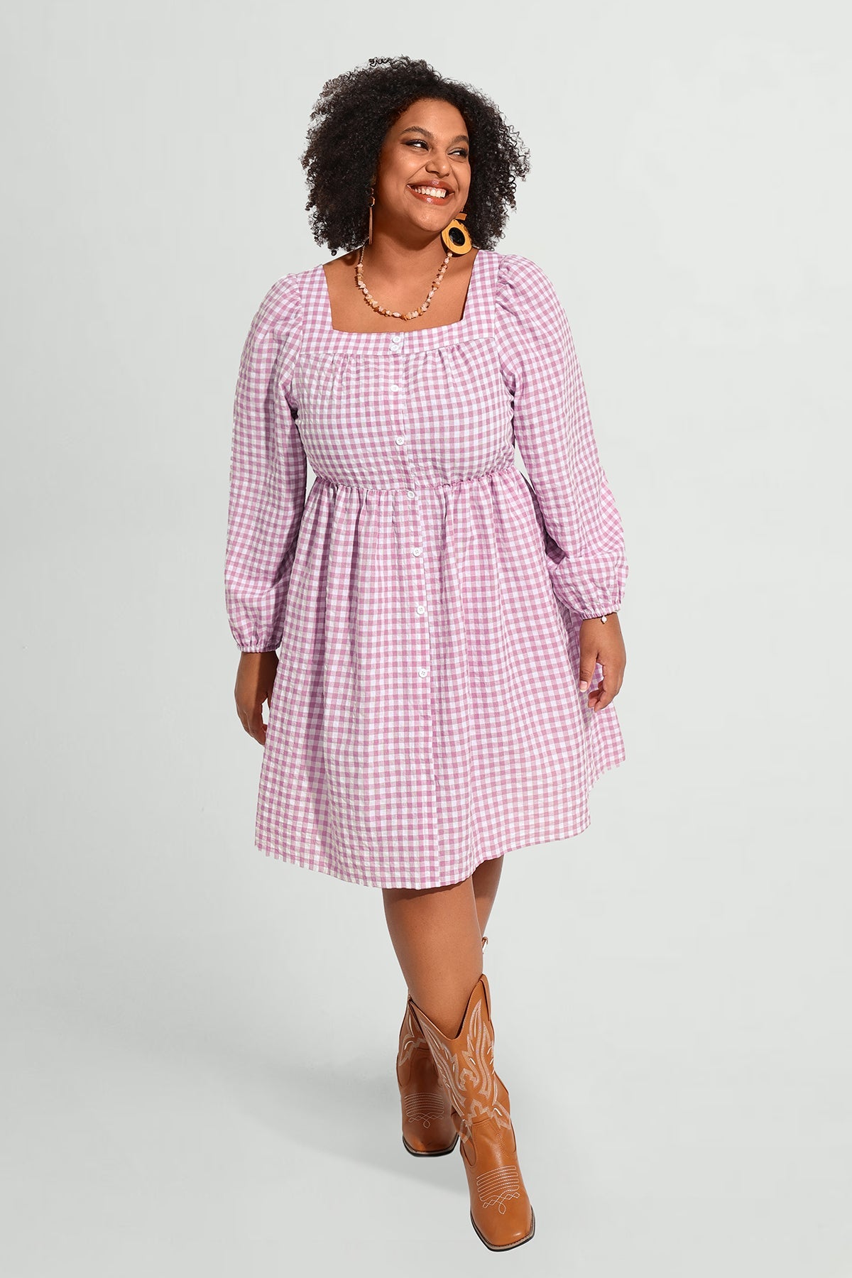 Plaid Button Down Square Neck Pleated Mini Dress