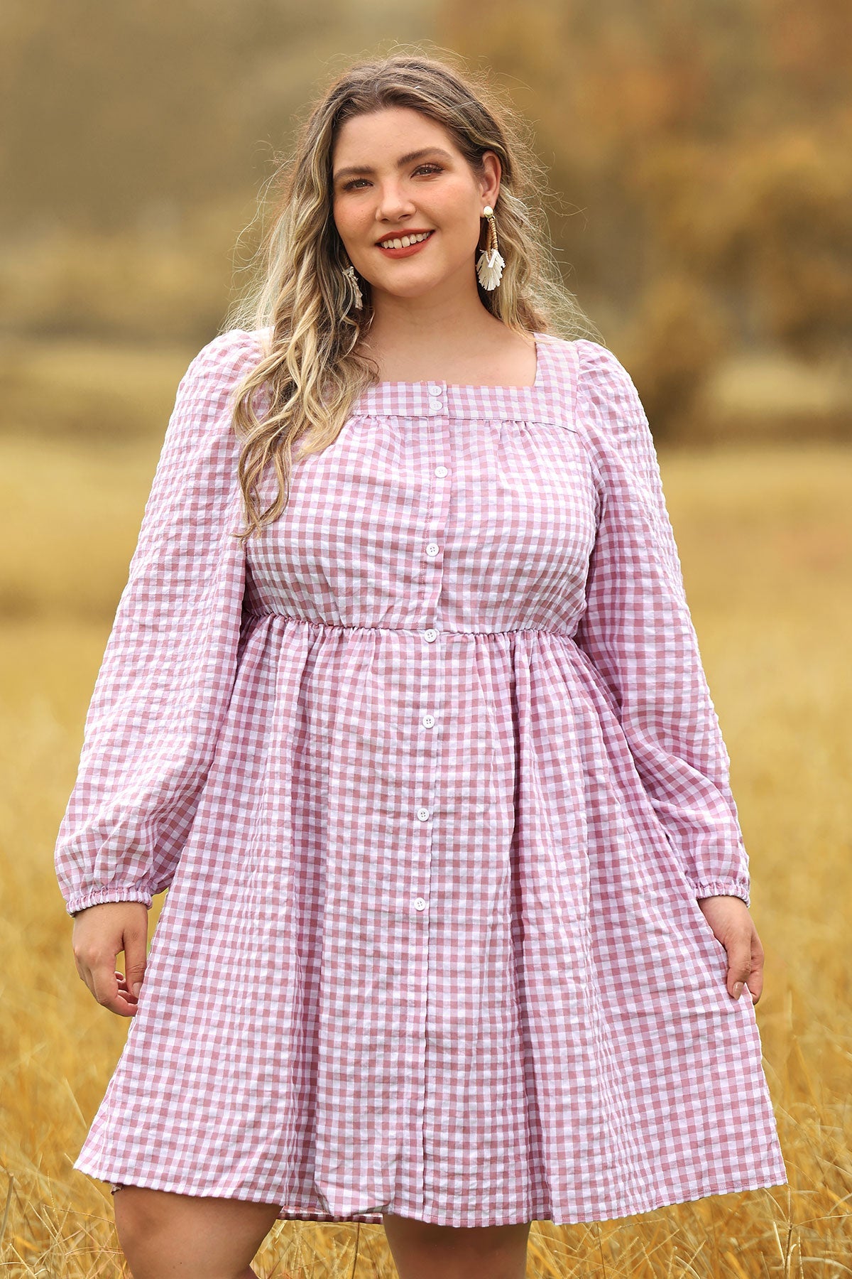 Plaid Button Down Square Neck Pleated Mini Dress