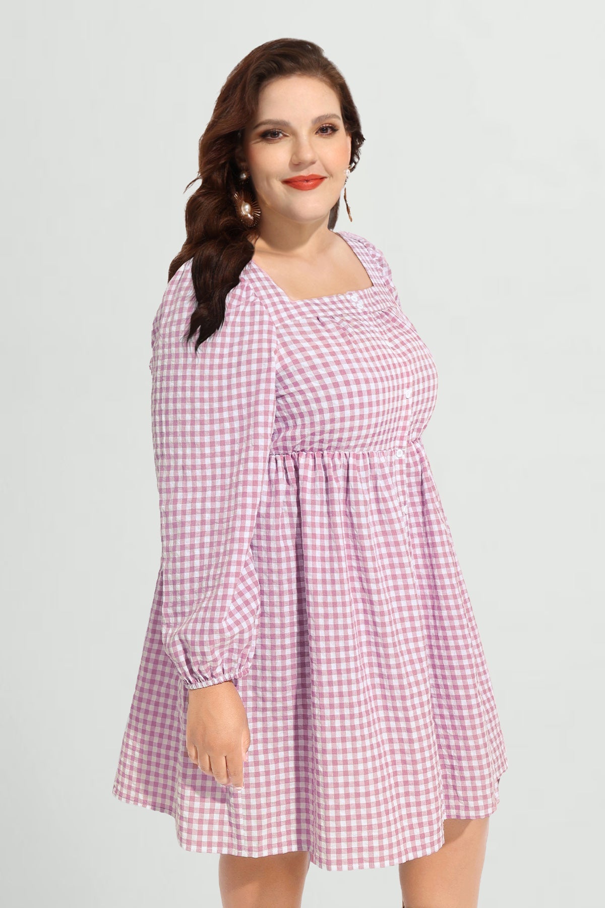 Plaid Button Down Square Neck Pleated Mini Dress