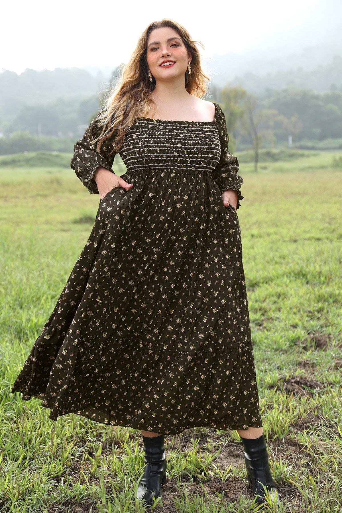 Ritera Pocket Floral Print Square Neck Tiered Maxi Dress