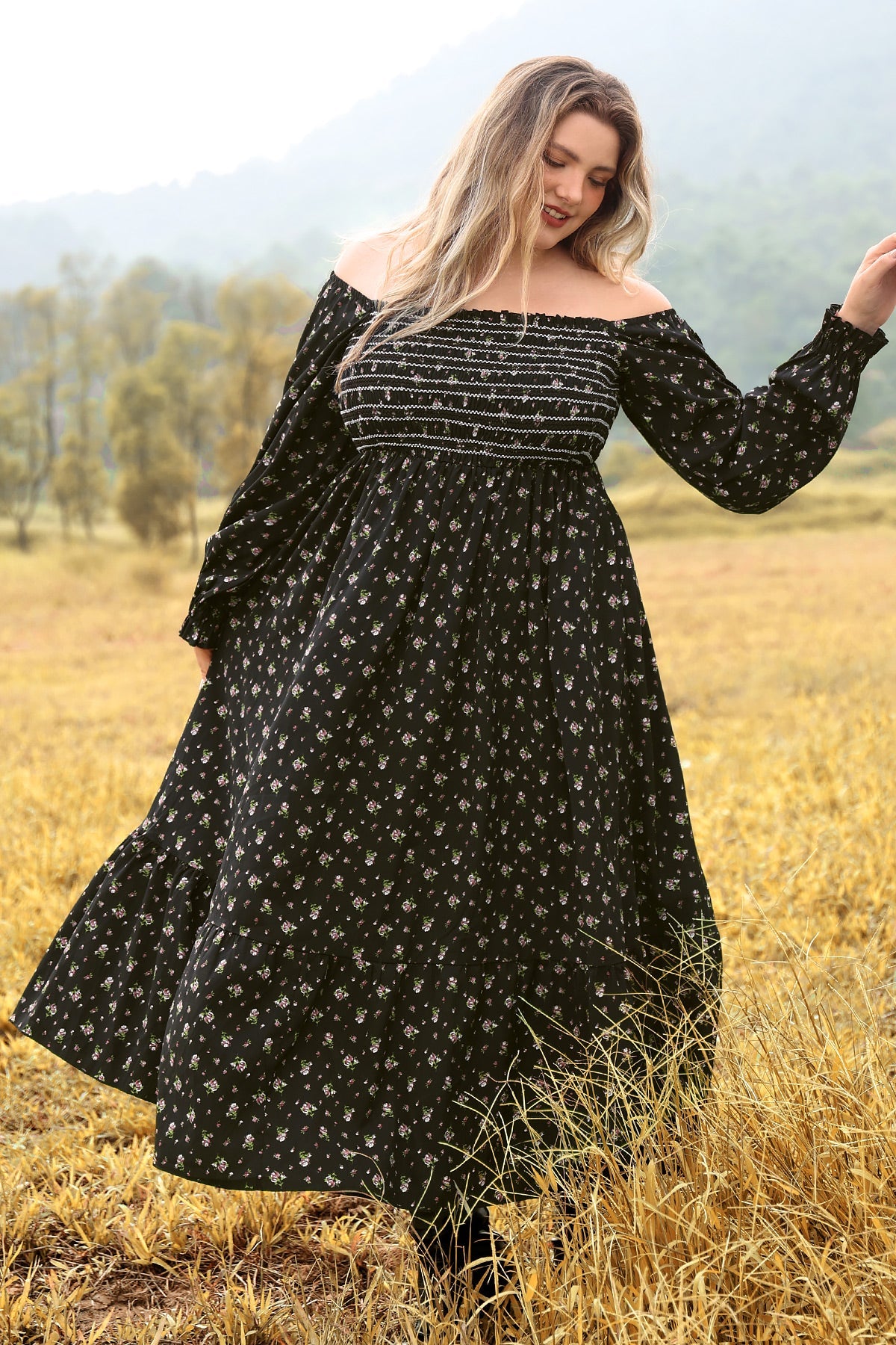 Ritera Pocket Floral Print Elastic Waist Shirred Maxi Dress