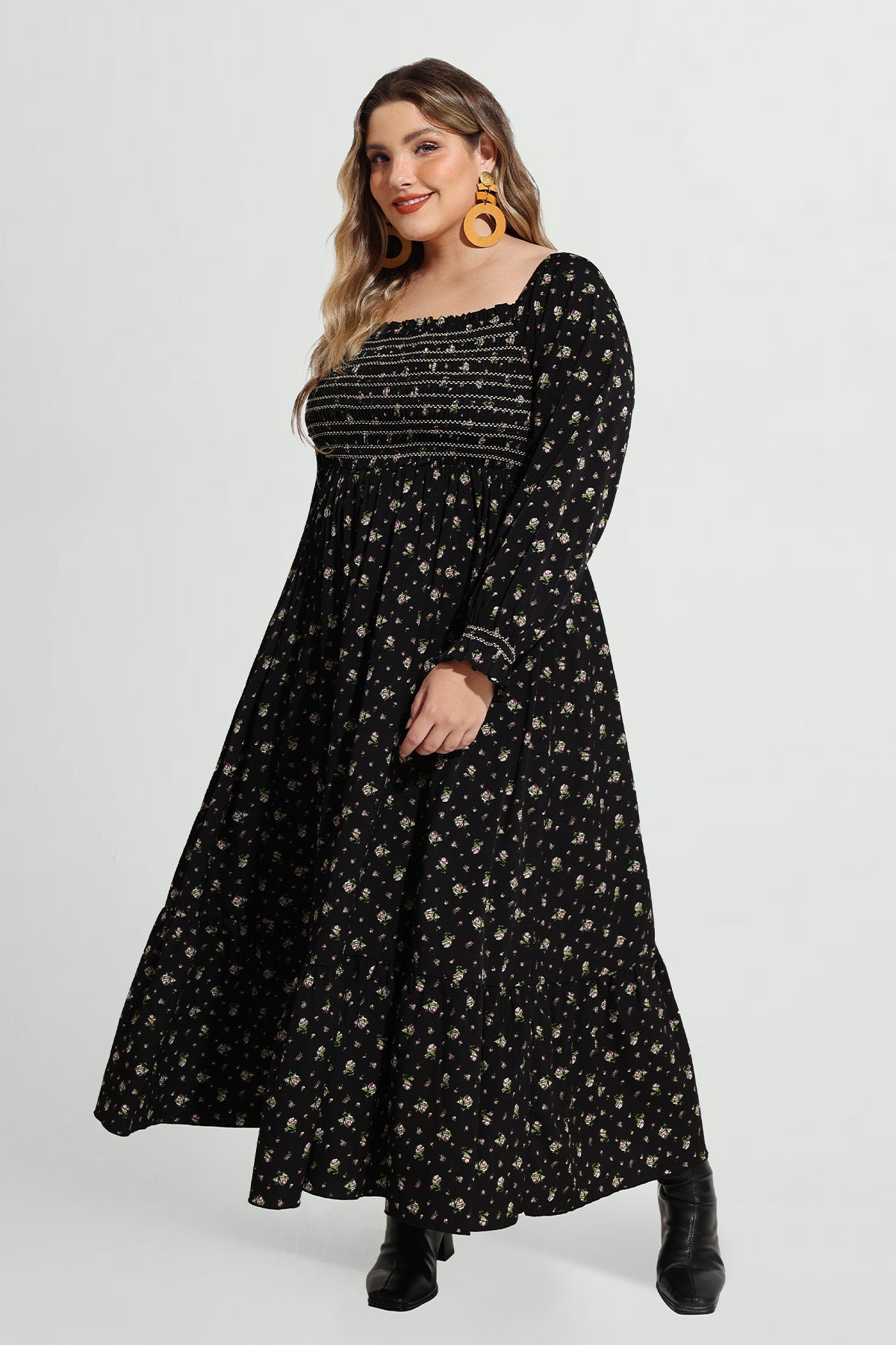 Ritera Pocket Floral Print Elastic Waist Shirred Maxi Dress