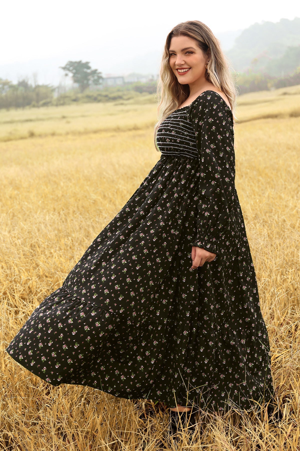 Ritera Pocket Floral Print Elastic Waist Shirred Maxi Dress