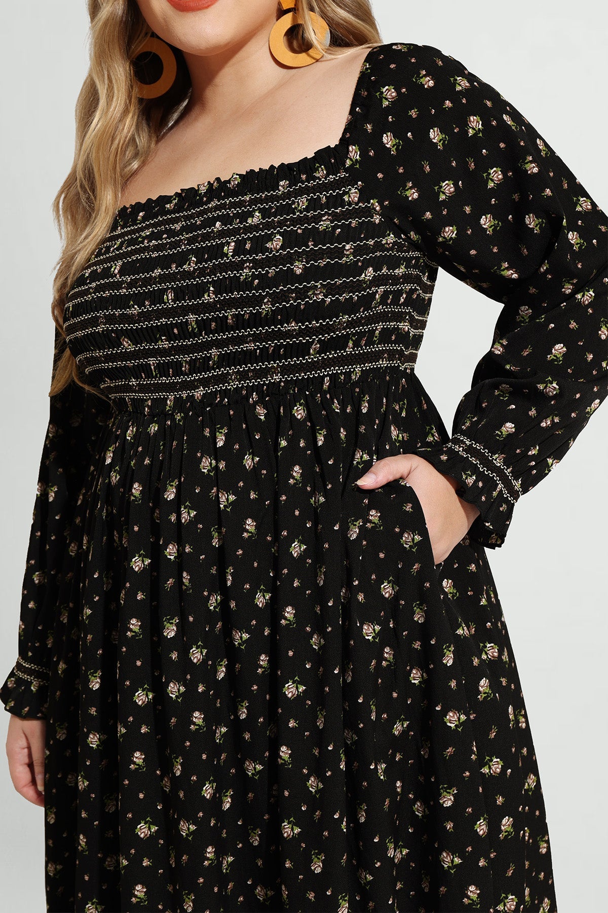 Ritera Pocket Floral Print Square Neck Tiered Maxi Dress