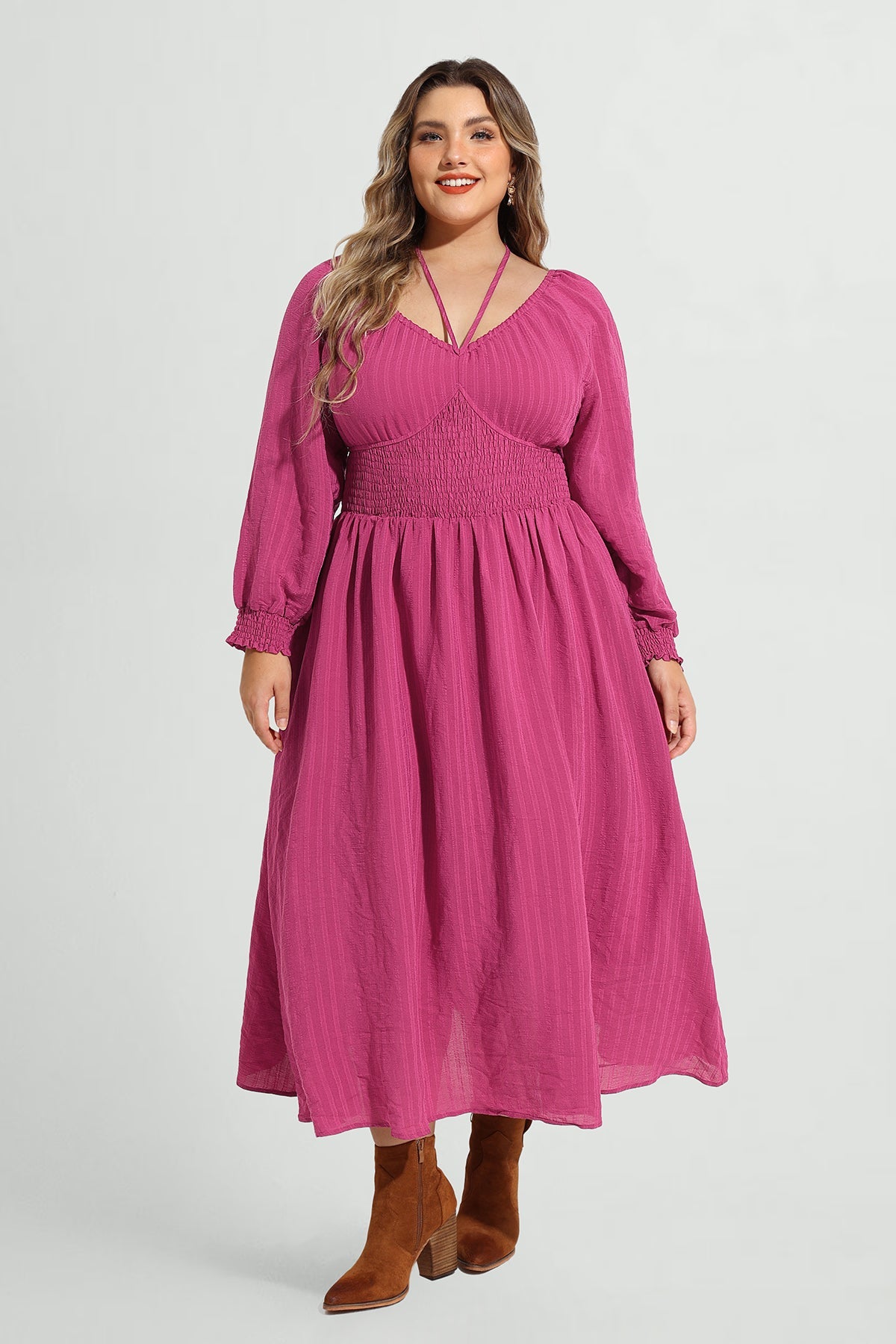 Pocket Adjustable Drawstring V Neck Shirred Maxi Dress