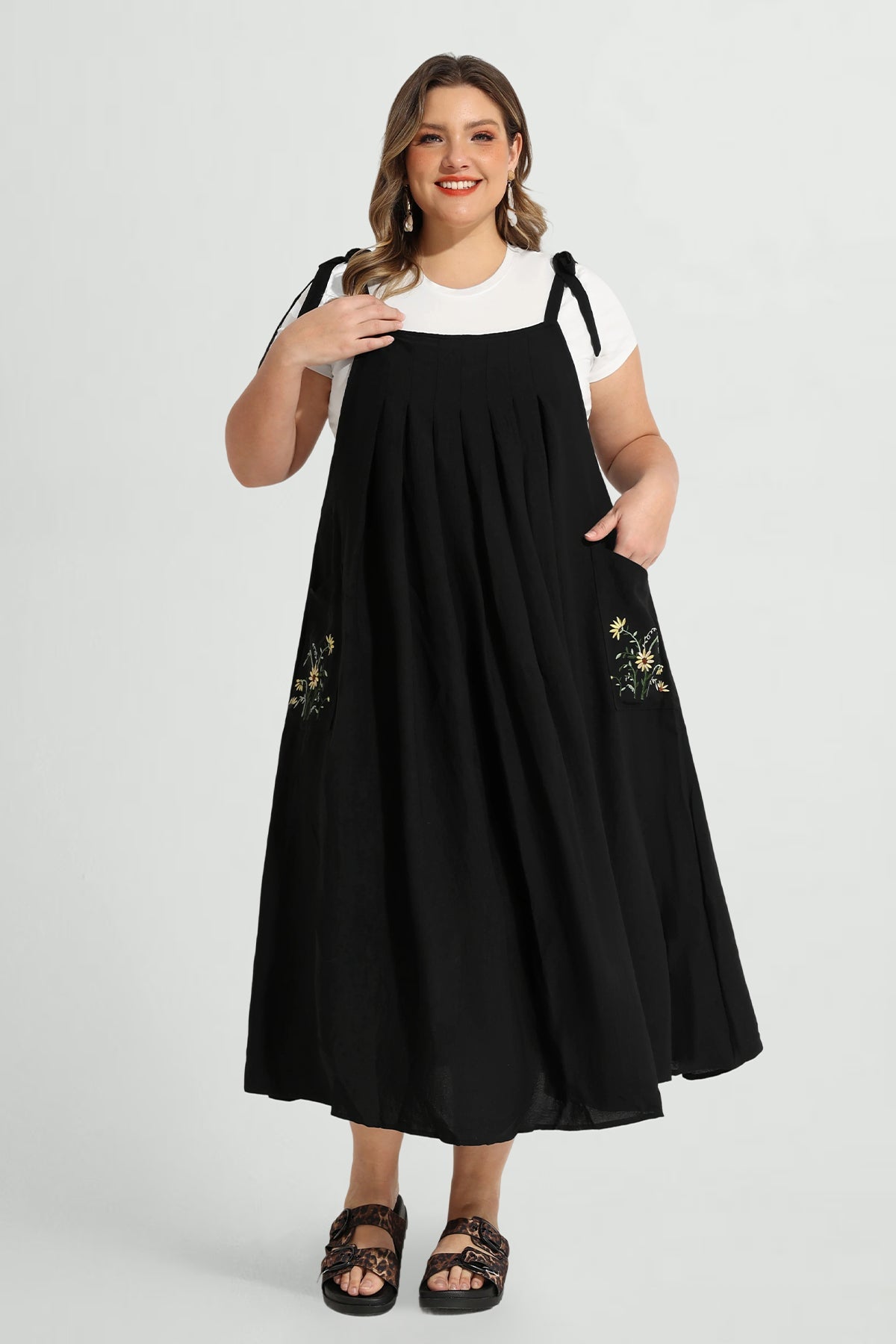 Pocket Floral Adjustable Strap Overall Maxi Dress