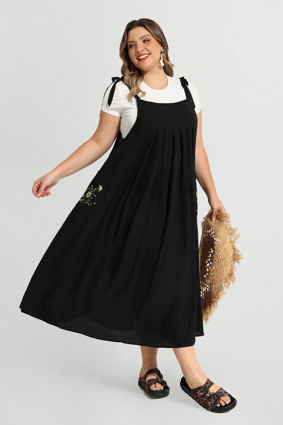 Pocket Floral Adjustable Strap Overall Maxi Dress