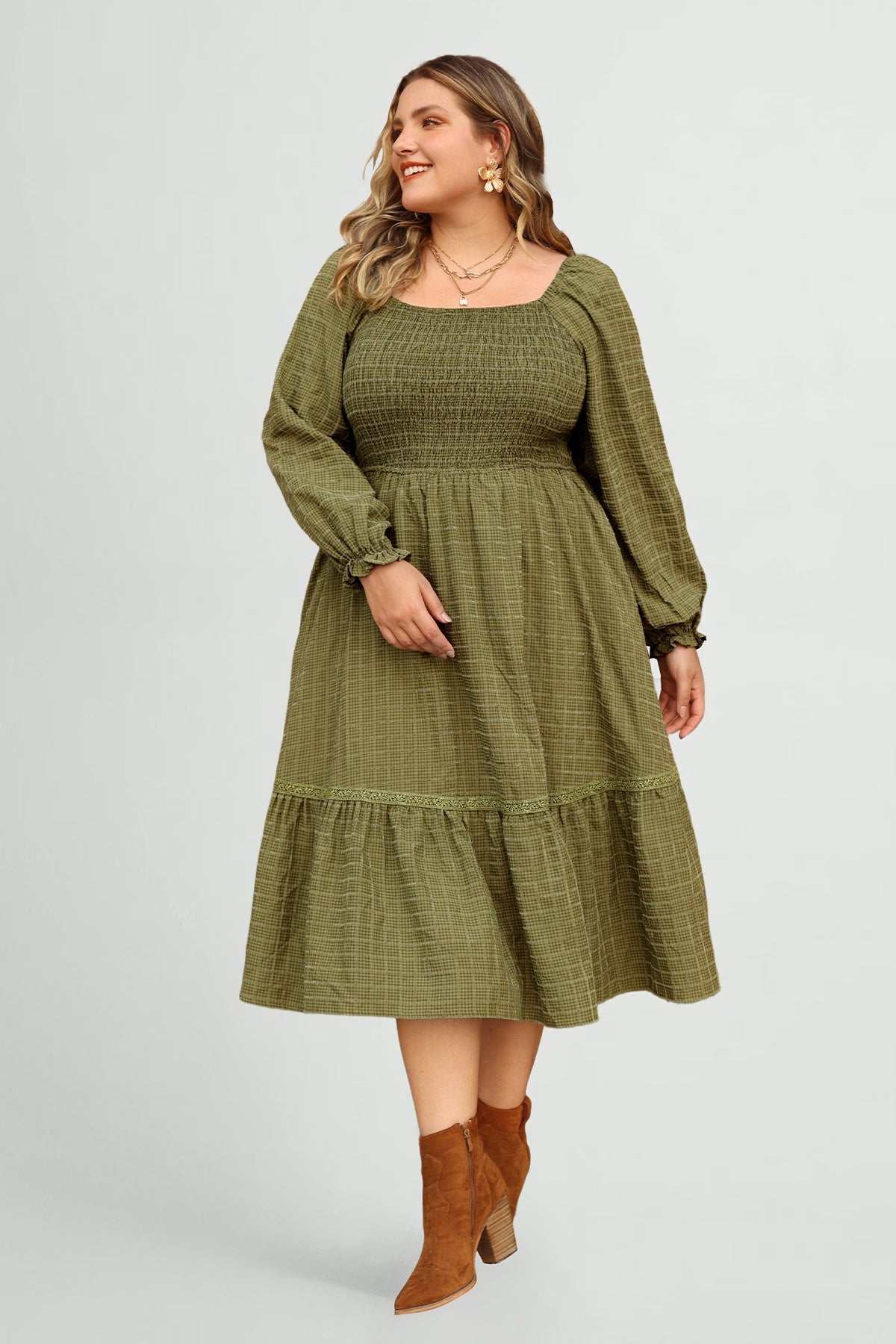 Ritera Pocket Elastic Waist Ruffle Hem Shirred Midi Dress