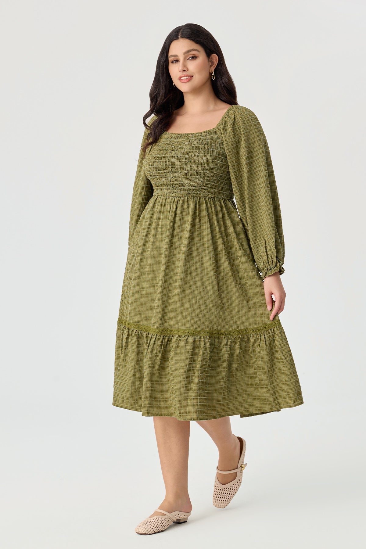 Ritera Pocket Elastic Waist Ruffle Hem Shirred Midi Dress