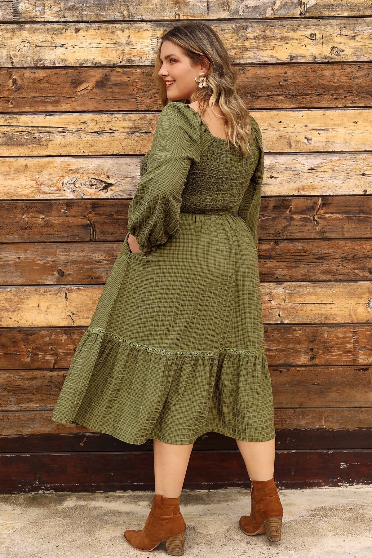 Ritera Pocket Elastic Waist Ruffle Hem Shirred Midi Dress