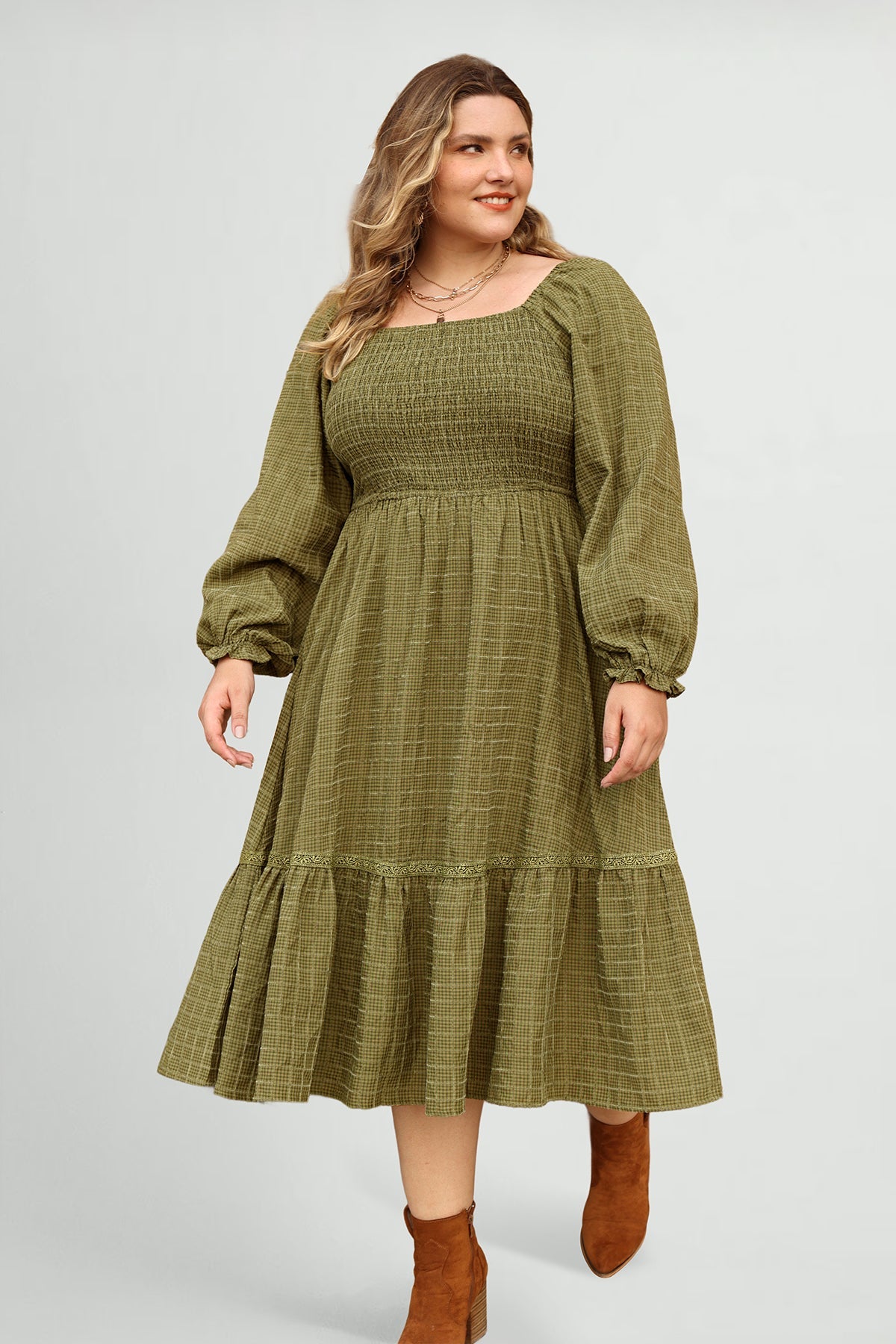 Ritera Pocket Elastic Waist Ruffle Hem Shirred Midi Dress