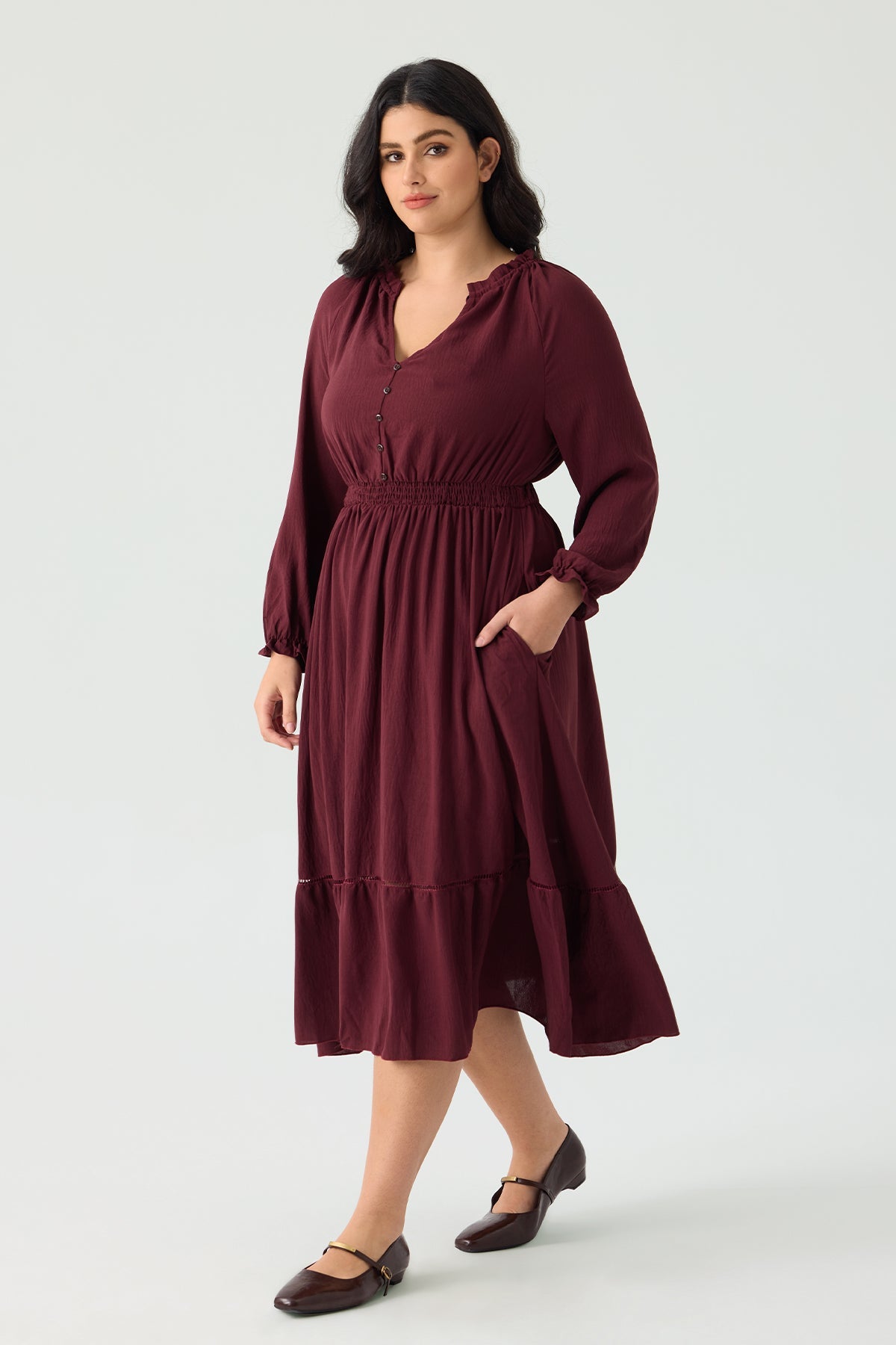 Ritera Pocket Elastic Waist Pleated Ruffle Hem Maxi Dress