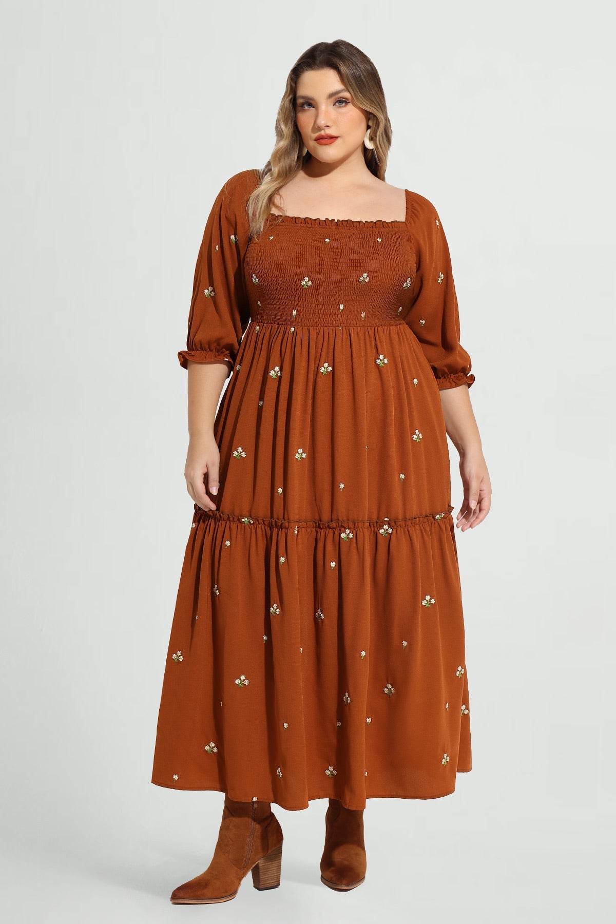 Floral Elastic Waist Square Neck Shirred Pockets Maxi Dress