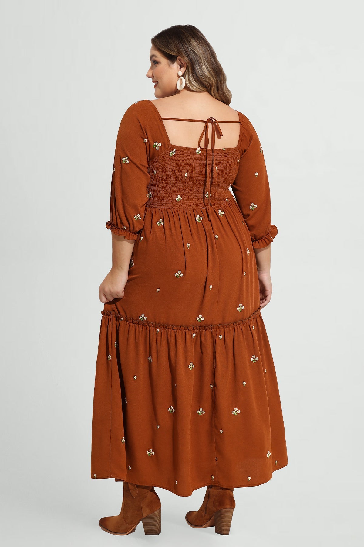 Floral Elastic Waist Square Neck Shirred Pockets Maxi Dress