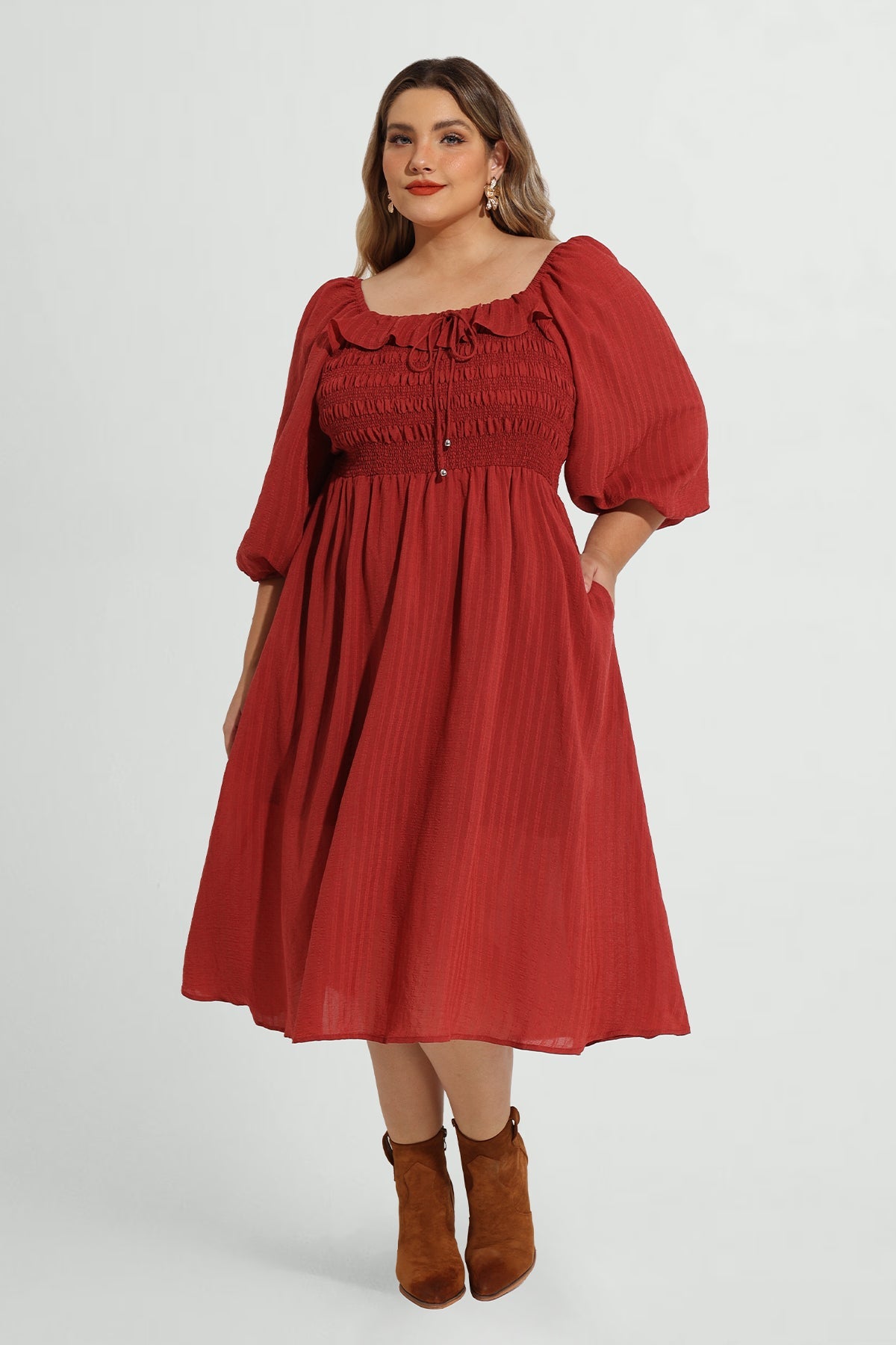 Pocket Drawstring Quarter Lanturn Sleeves Shirred Midi Dress