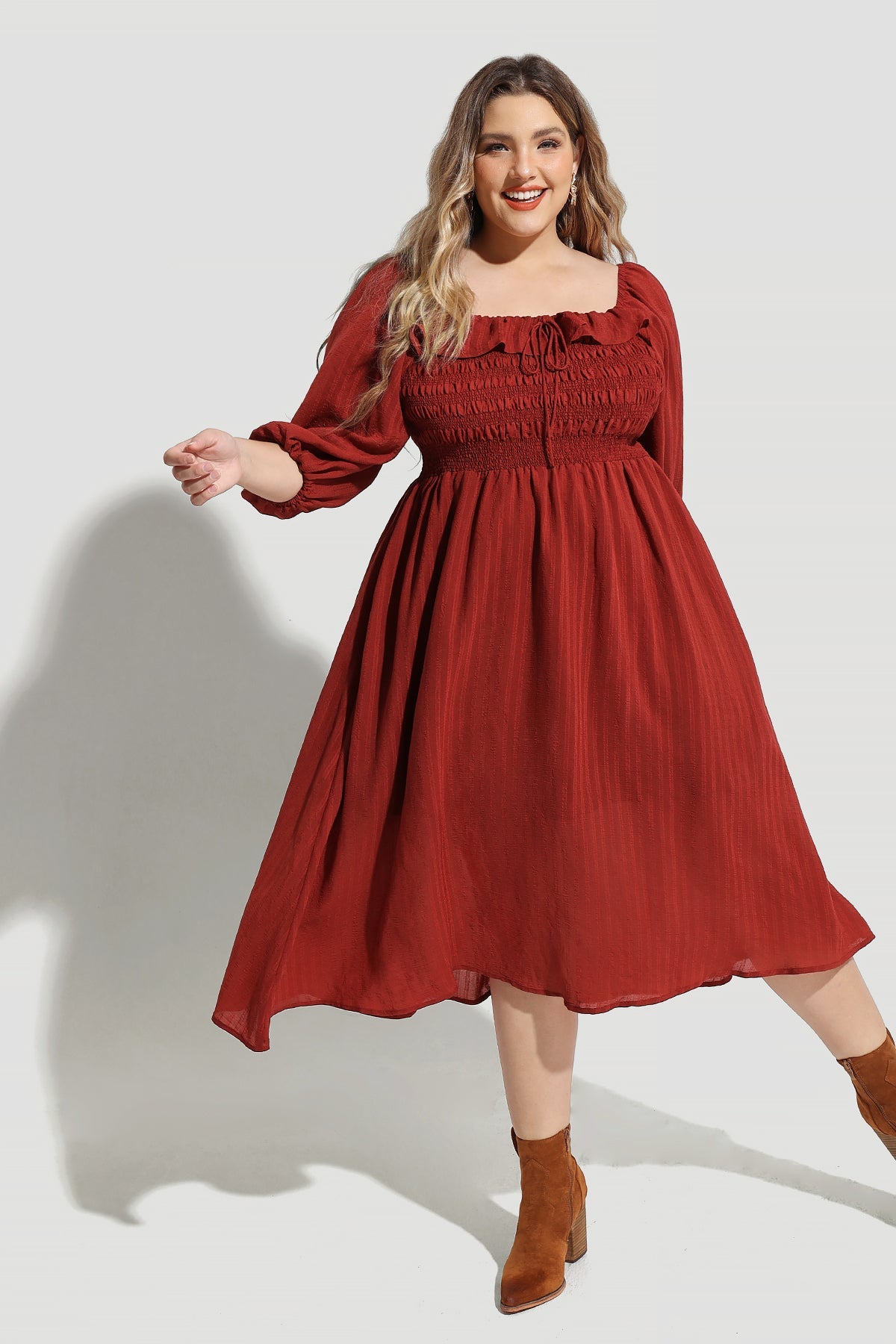 Pocket Drawstring Quarter Lanturn Sleeves Shirred Midi Dress