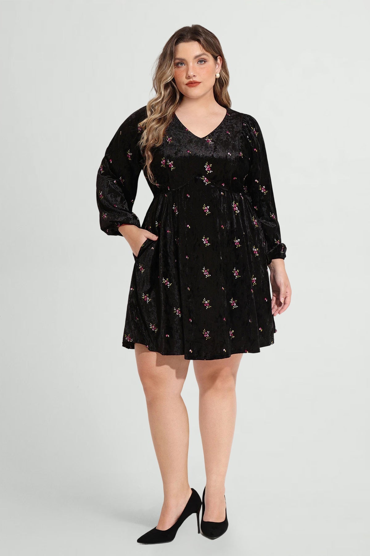 Pocket Velvet Floral Print Lantern Sleeve Mini Dress