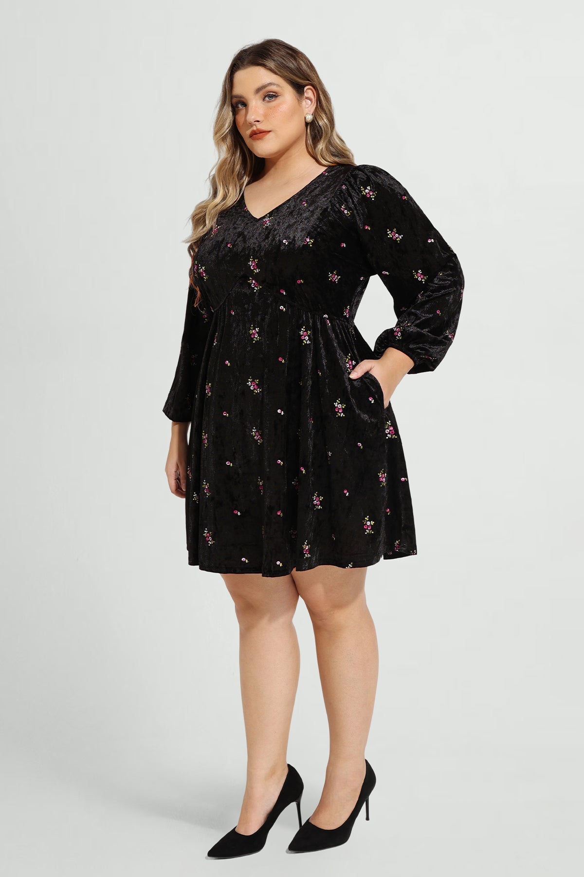 Pocket Velvet Floral Print Lantern Sleeve Mini Dress