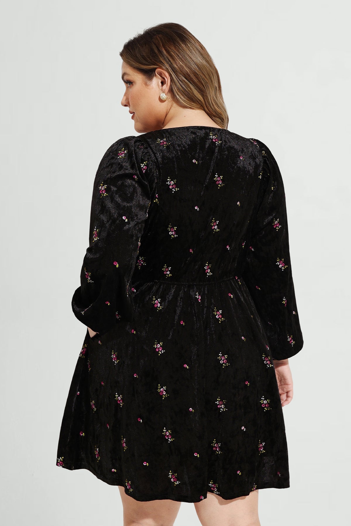 Pocket Velvet Floral Print Lantern Sleeve Mini Dress