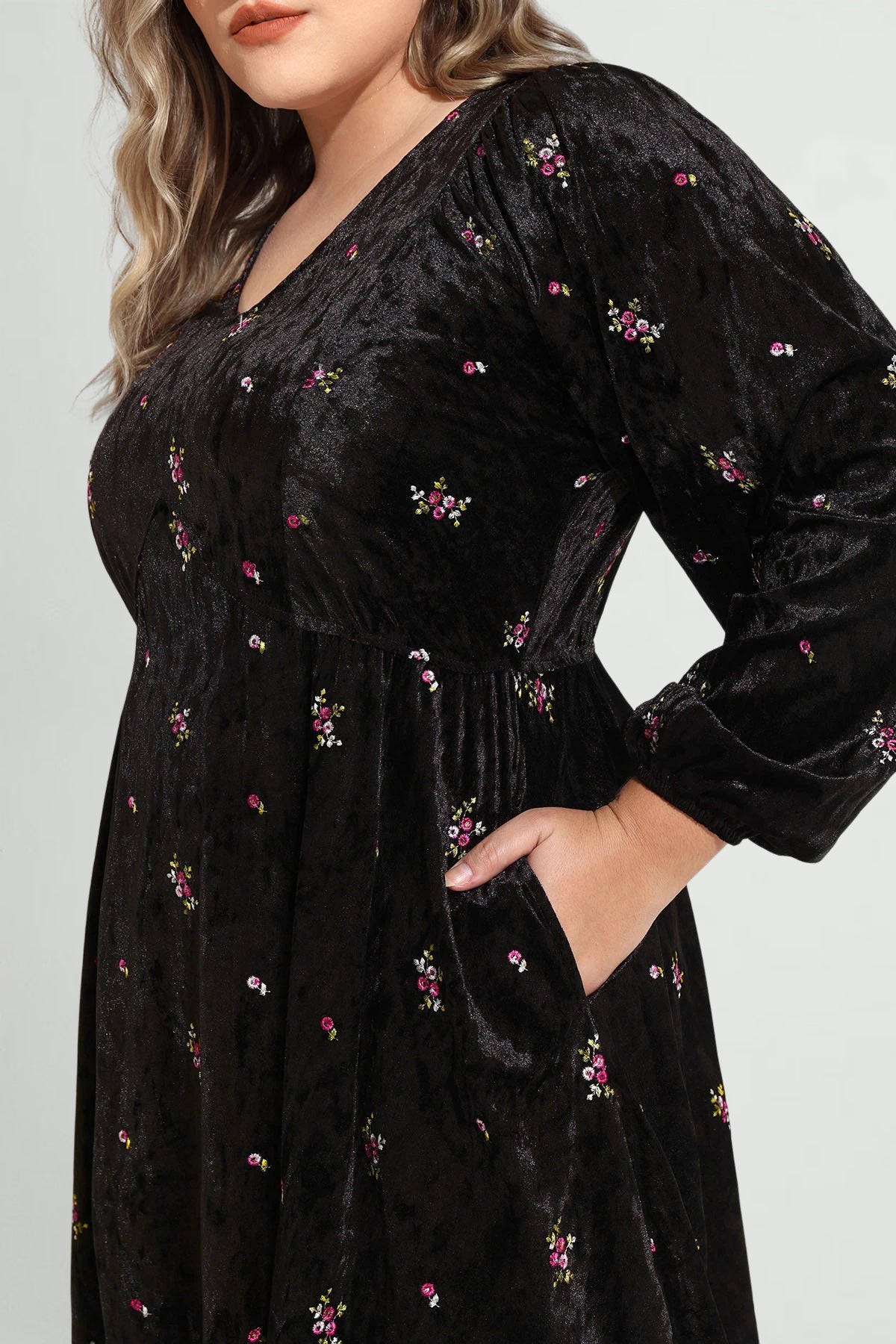 Pocket Velvet Floral Print Lantern Sleeve Mini Dress