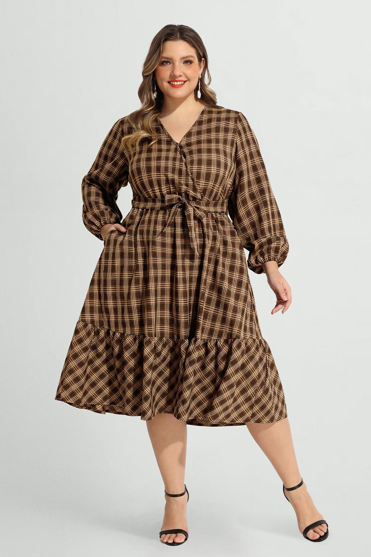 Ritera Pocket Plaid Lace-up Ruffle Hem Midi Dress