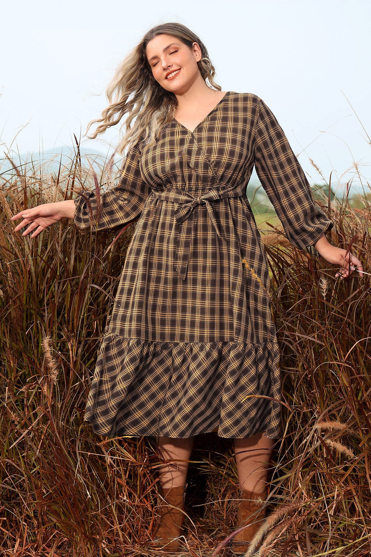 Ritera Pocket Plaid Lace-up Ruffle Hem Midi Dress