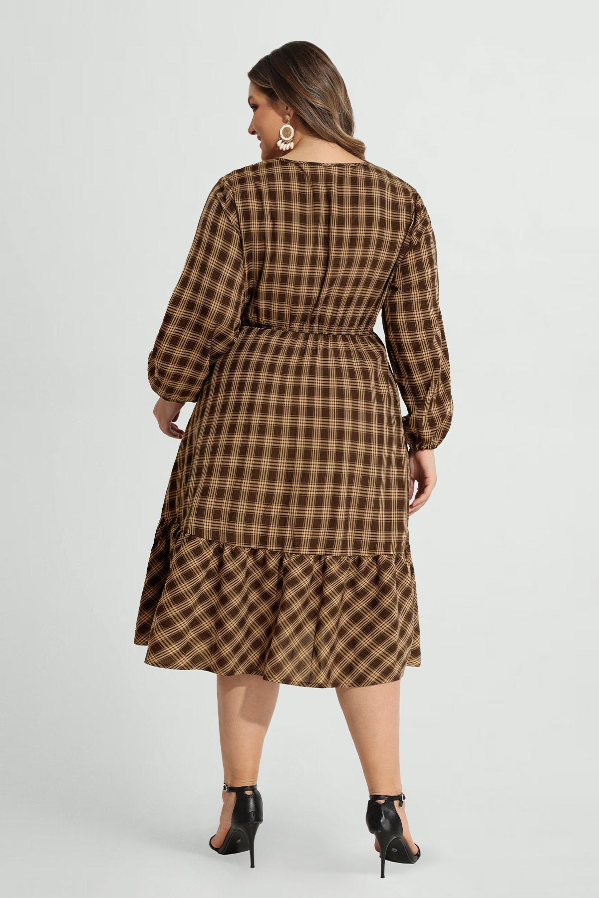 Ritera Pocket Plaid Lace-up Ruffle Hem Midi Dress