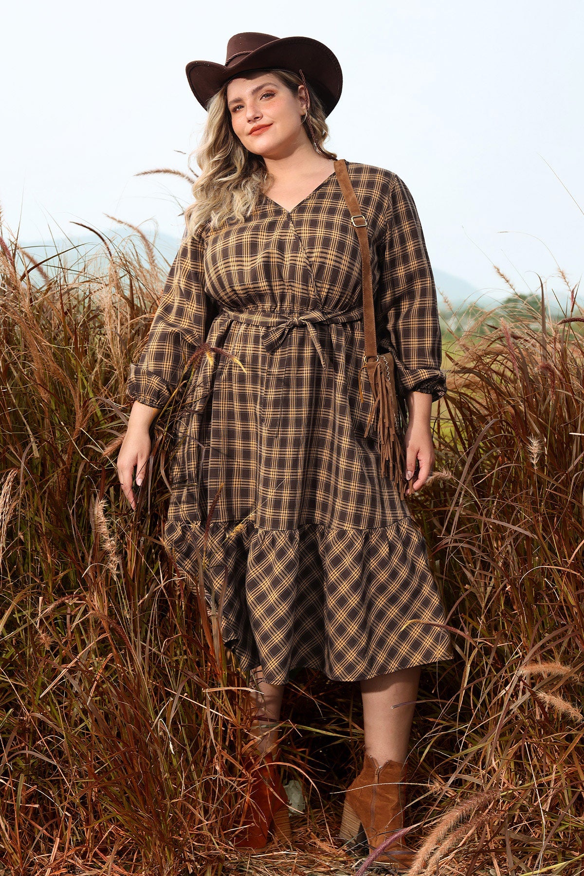 Ritera Pocket Plaid Lace-up Ruffle Hem Midi Dress