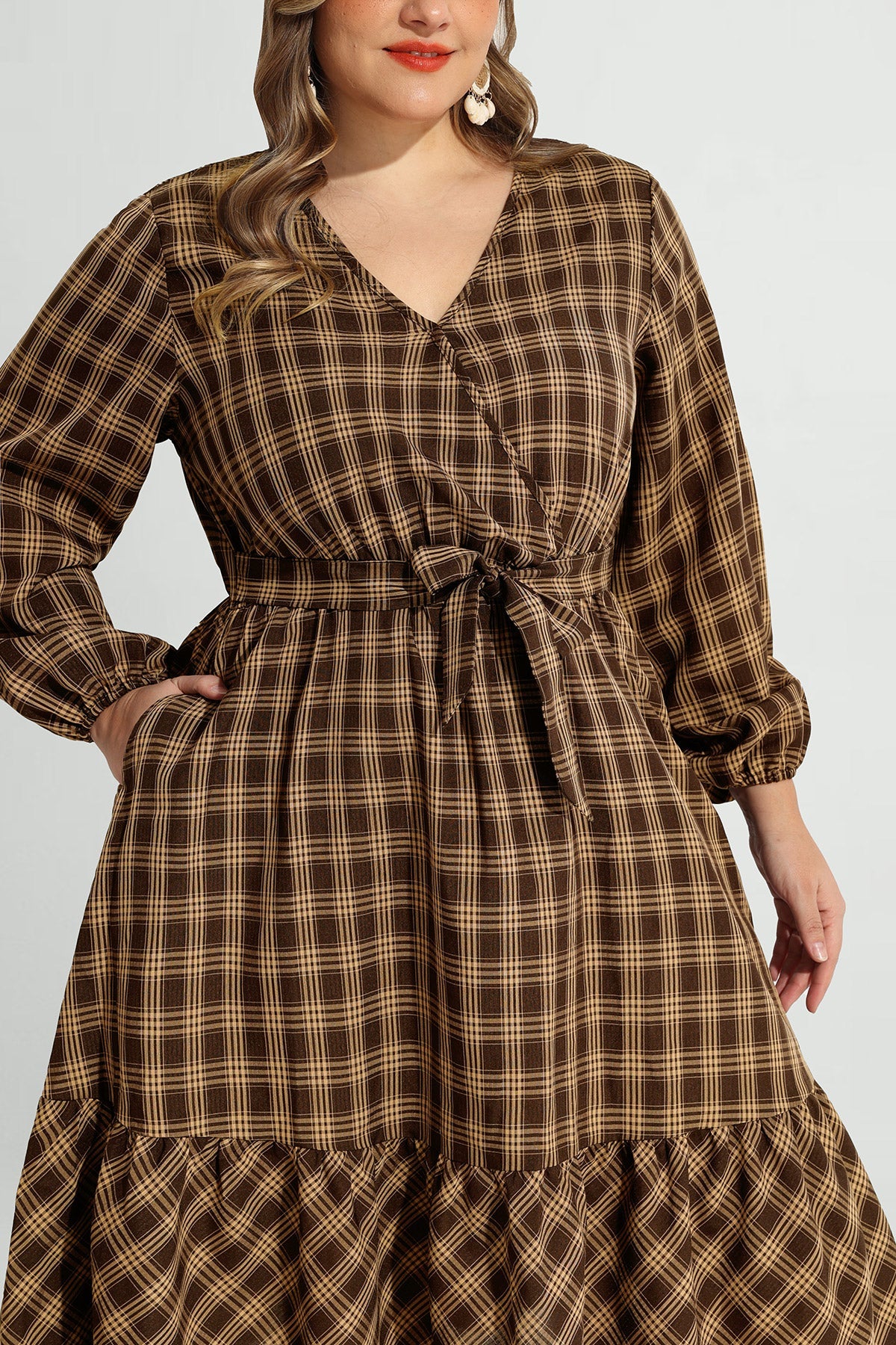 Ritera Pocket Plaid Lace-up Ruffle Hem Midi Dress