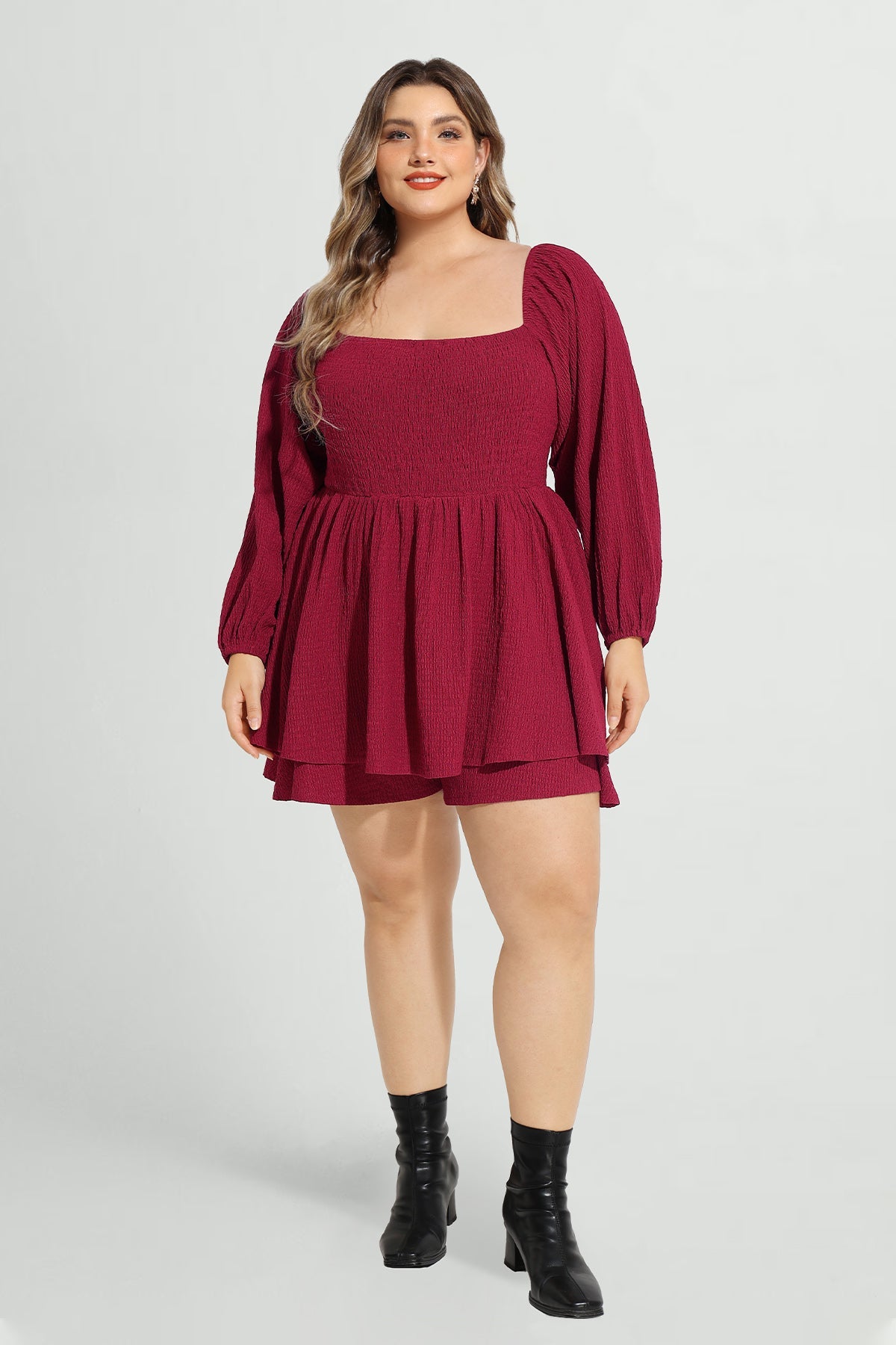 Supersoft Plain Lantern Sleeve Shirred Mini Dress with Shorts