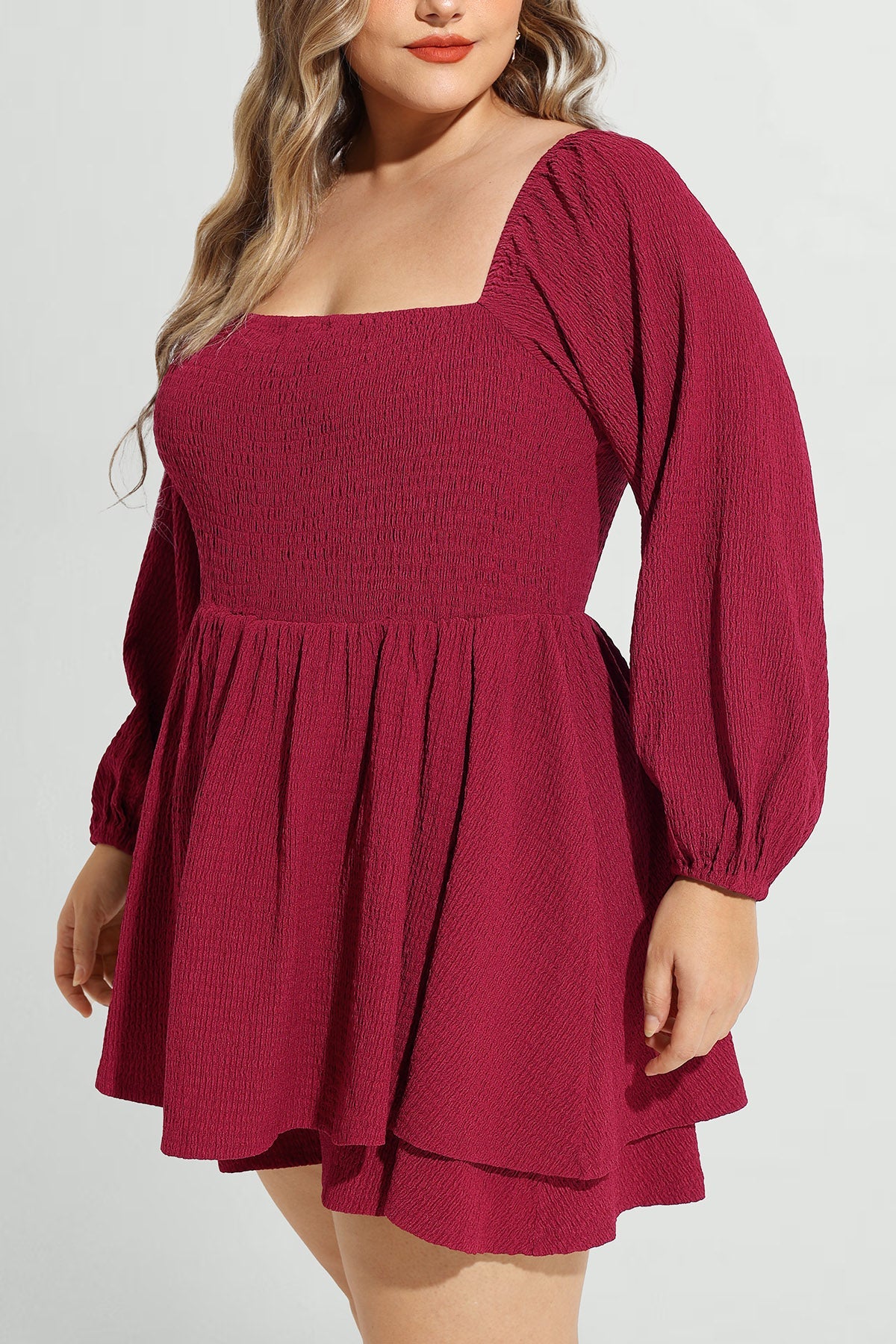 Supersoft Plain Lantern Sleeve Shirred Mini Dress with Shorts